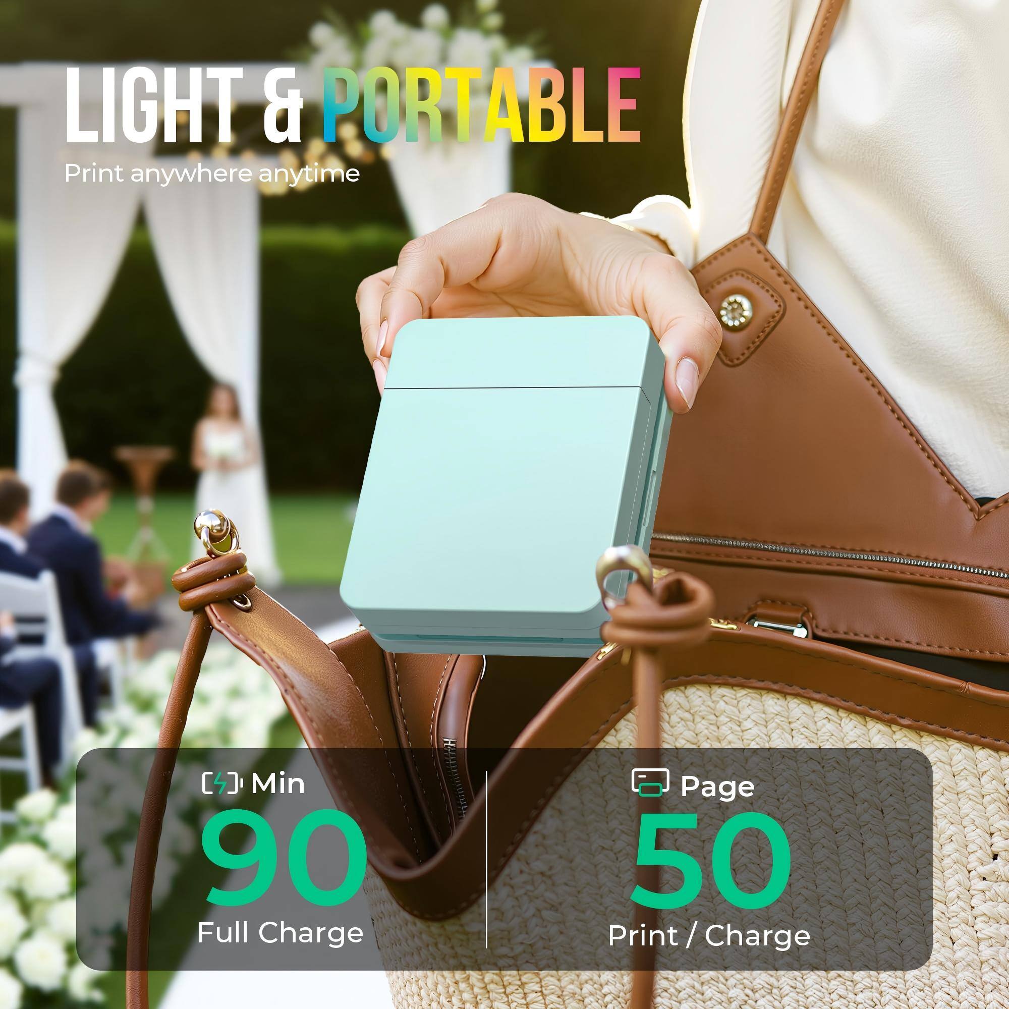 LIGHT & PORTABLE  
Print anywhere anytime  

[4] Min 90 Full Charge  
Page 50 Print / Charge