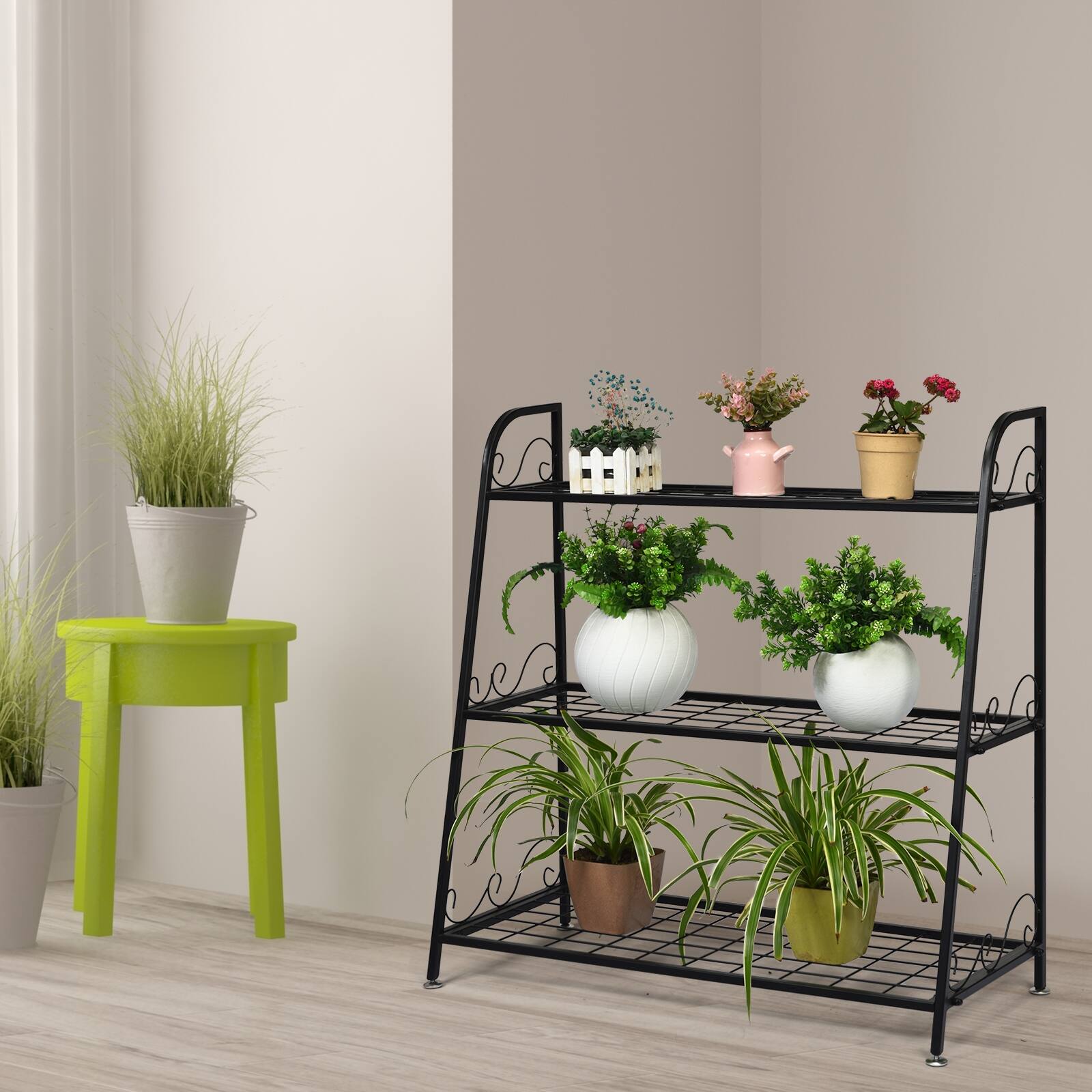 Angle. SlickBlue - 3-Tier Metal Shelf Rack for Plants, Shoes, and Flower Pot Display Indoors & Outdoors - Black.
