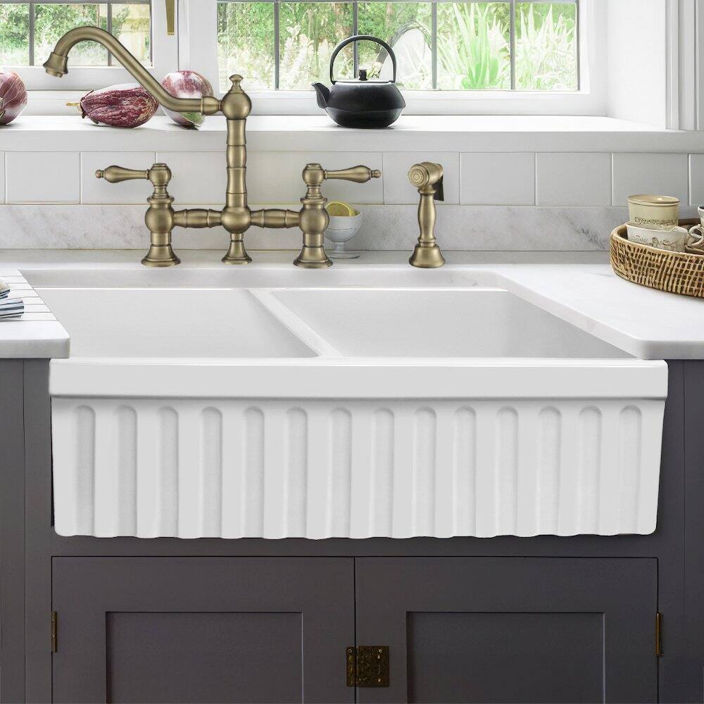 Alt View 1. Whitehaus - Farmhaus Fireclay Quatro Alcove Reversible Double Bowl Sink - White.
