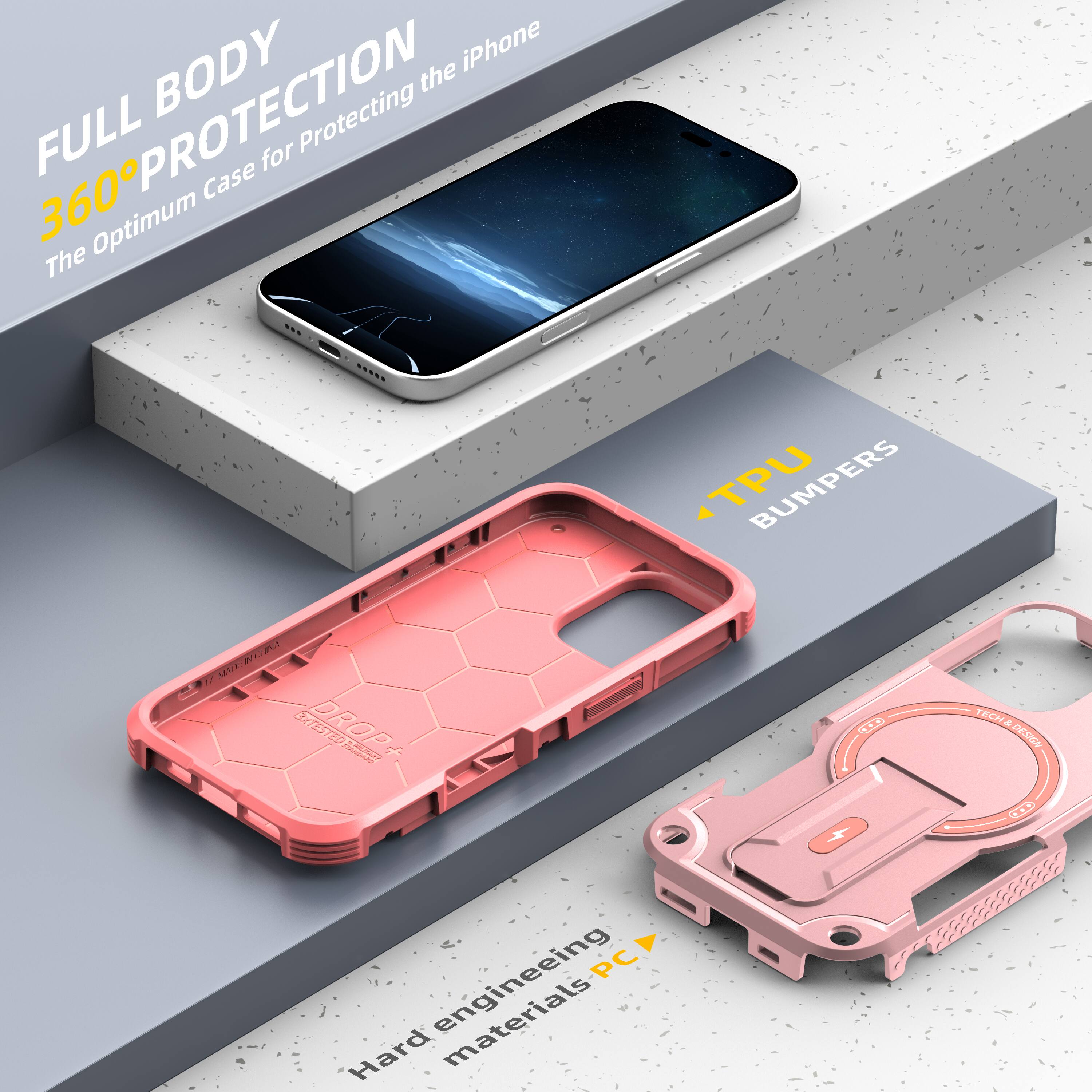 FULL BODY 360° PROTECTION  
The Optimum Case for Protecting the iPhone  

TPU BUMPERS  

Hard engineering materials PC  

DROP TESTED