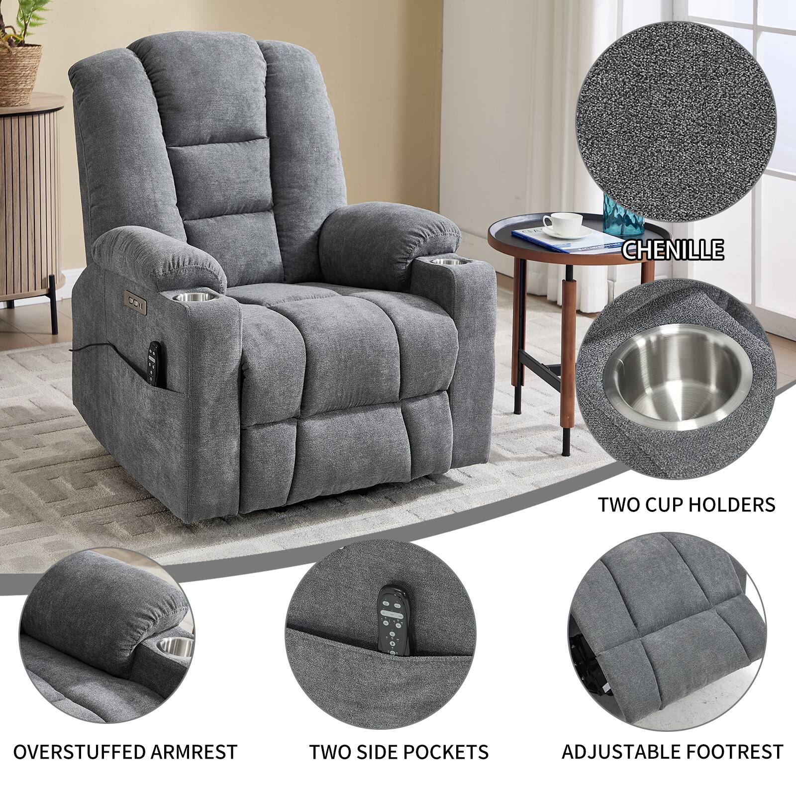 - Chenille
- Two Cup Holders
- Overstuffed Armrest
- Two Side Pockets
- Adjustable Footrest