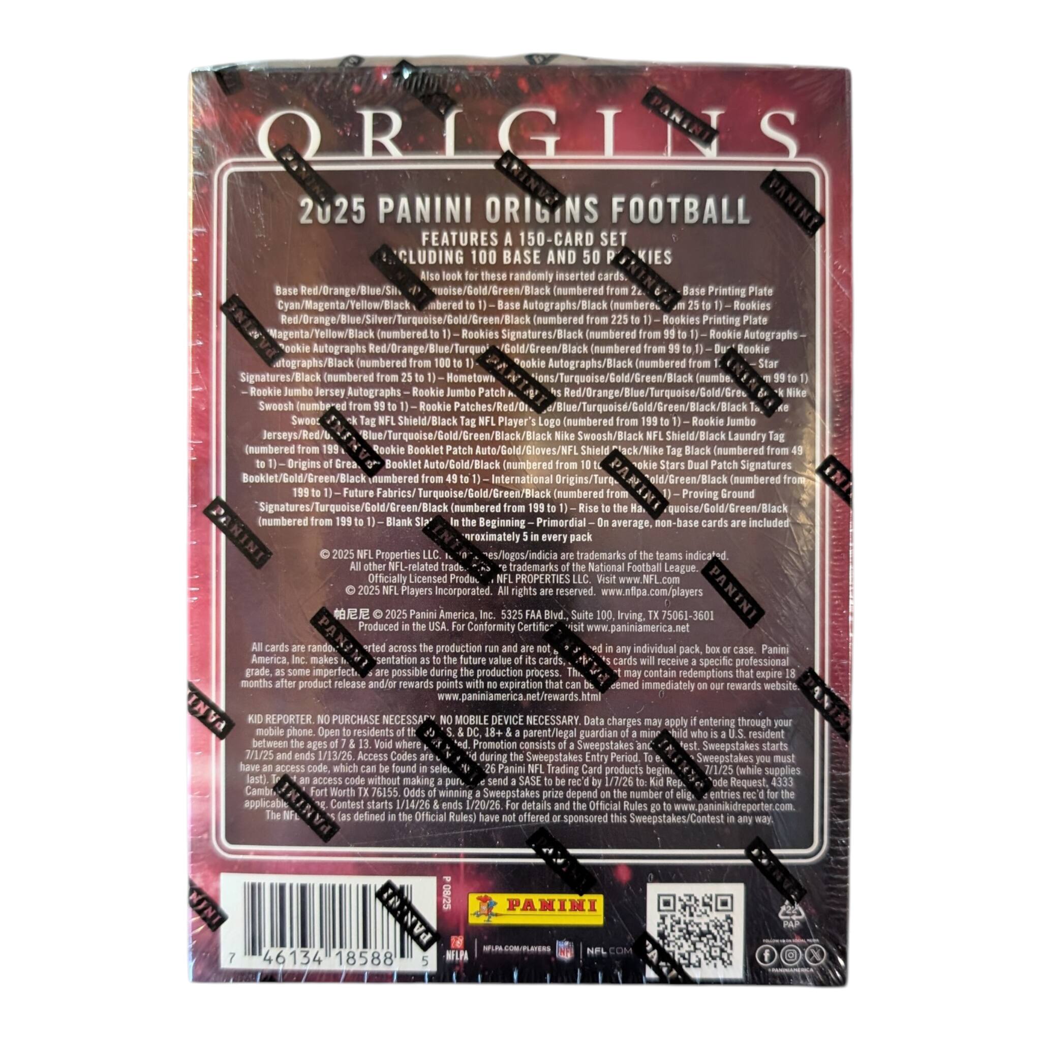 ORIGINS 2025 PANINI ORIGINS FOOTBALL  
FEATURES A 150-CARD SET INCLUDING 100 BASE AND 50 PACKS  
- Base Red/Orange/Blue/Silver/Cyan/Magenta/Yellow/Black (numbered from 1 to 100)  
- Base Printing Plate (numbered from 1 to 1)  
- Base Autographs/Black (numbered from 1 to 100)  
- Rookies (numbered from 1 to 100)  
- Rookies Printing (numbered from 1 to 100)  
- Rookies Signatures/Black (numbered from 1 to 100)  
- Rookie Autographs (numbered from 1 to 100)  
- Rookie Autographs Gold/Green/Black (numbered from 1 to 100)  
- Rookie Autographs/Black (numbered from 1 to 100)  
- Rookie Autographs/Black (numbered from 1 to 100)  
- Rookie Autographs/Black (numbered from 1 to 100)  
- Rookie Autographs