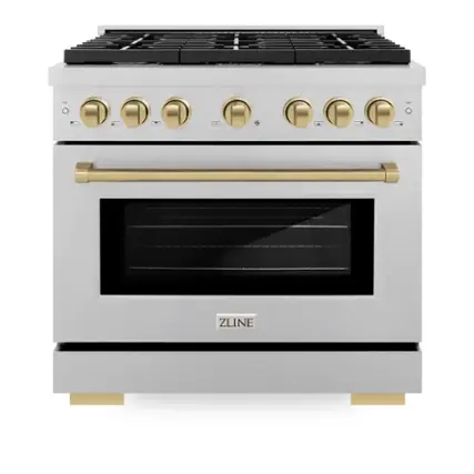 Front. ZLINE - ZLINE Autograph 36 in. Paramount Satin Steel Gas Range w/ 6 Burners & Bronze Accents (SGRSZ-36-CB) - Stainless Steel.