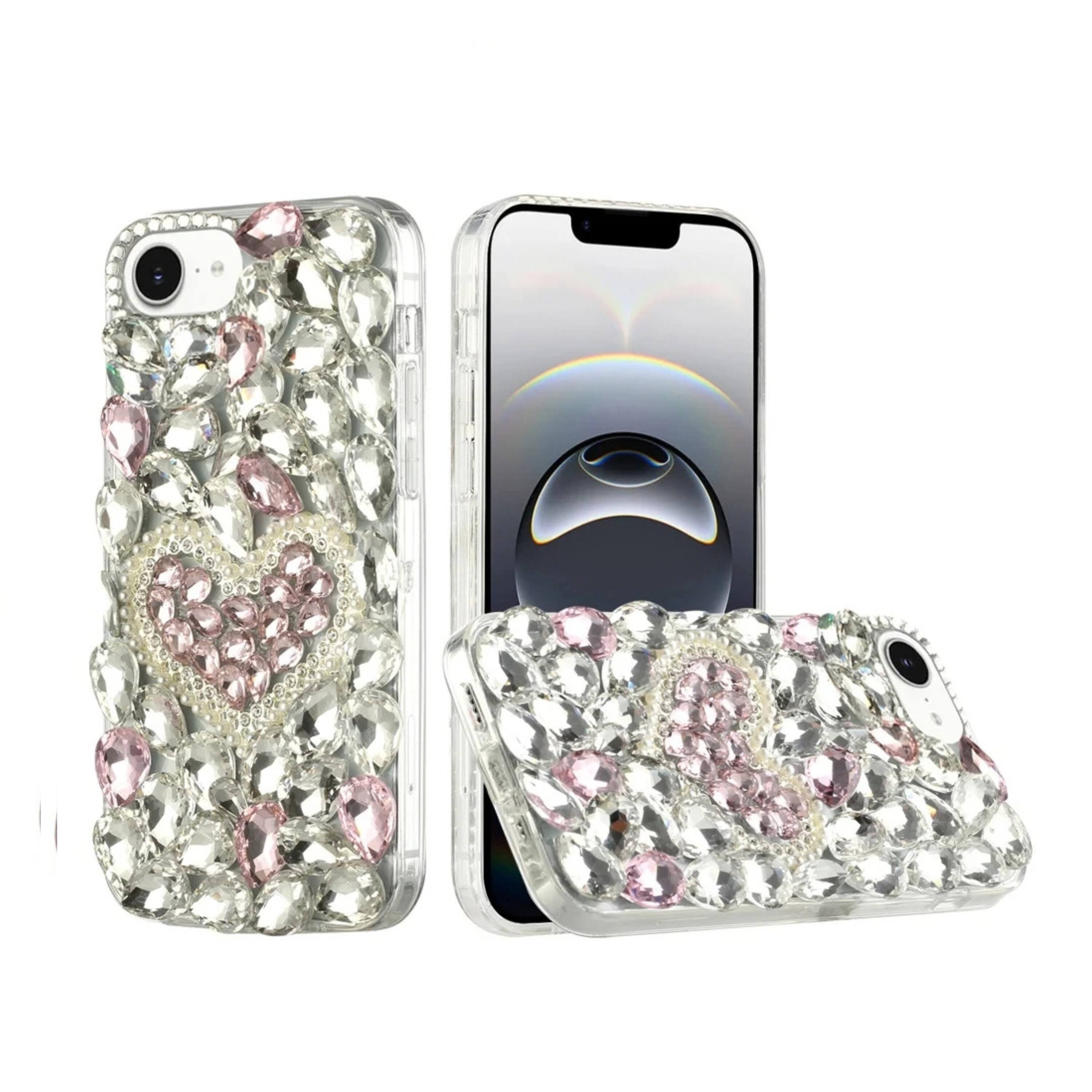 Front. Kitcheniva - Full Diamond Faux 3D Jewel Phone Case With Tempered Glass For iPhone 16e 17e Pink Heart - White.