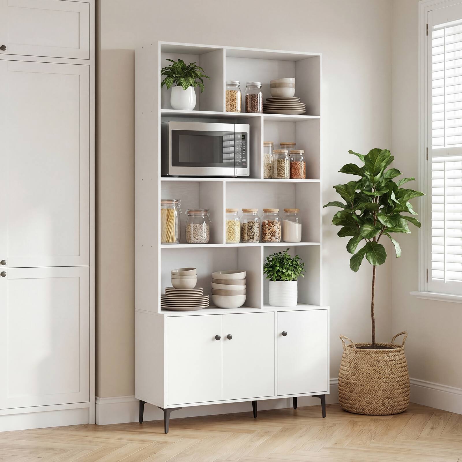 Alt View 4. Gymax - Gymax Bookshelf w/ Doors 5-Tier Floor Standing Bookcase w/ 2 Anti-Tipping Kits White - White.