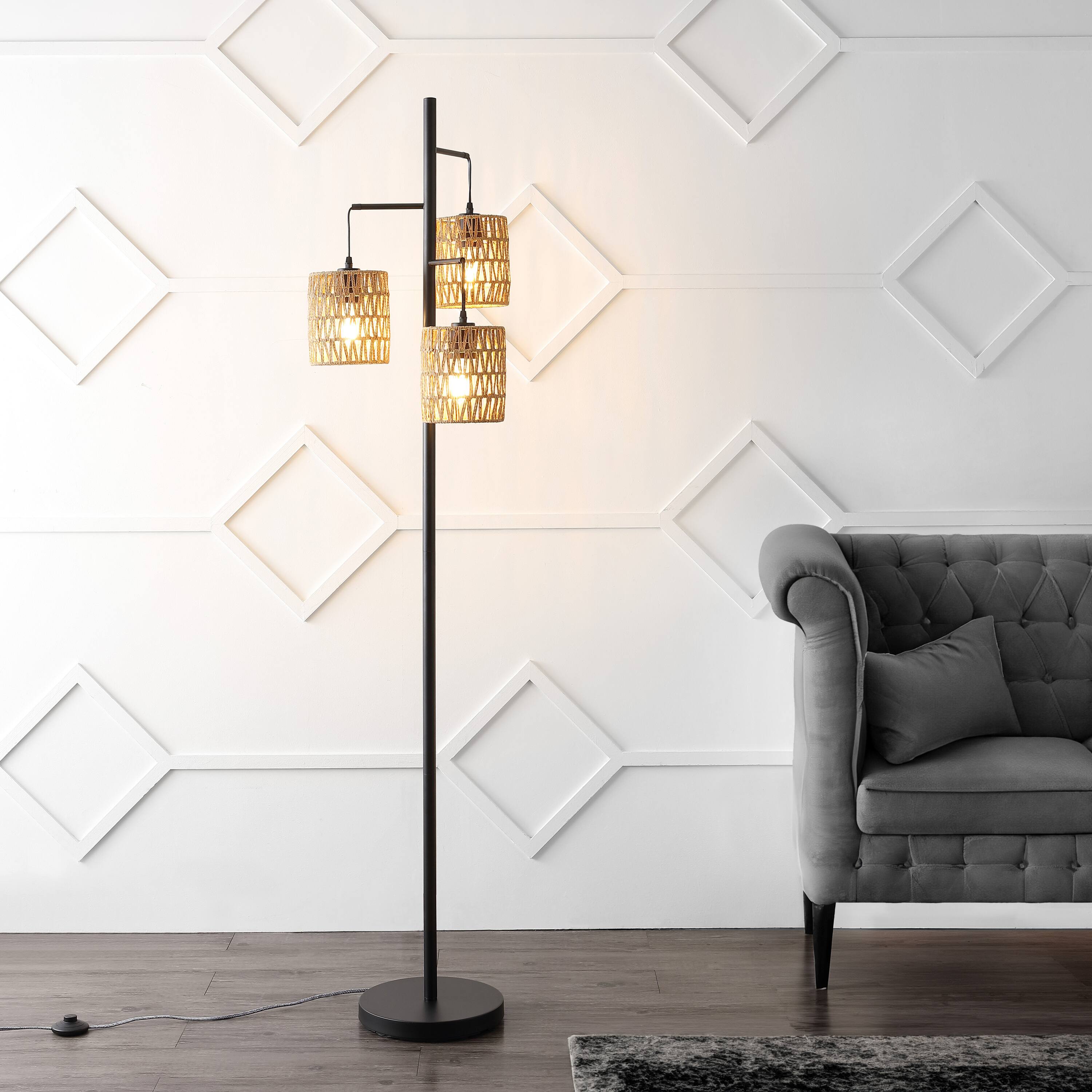 Alt View 1. Jonathan Y - Isla 70.75" 3-Light Mid-Century Bohemian Metal/Rope LED Floor Lamp, Black/Natural - Black.