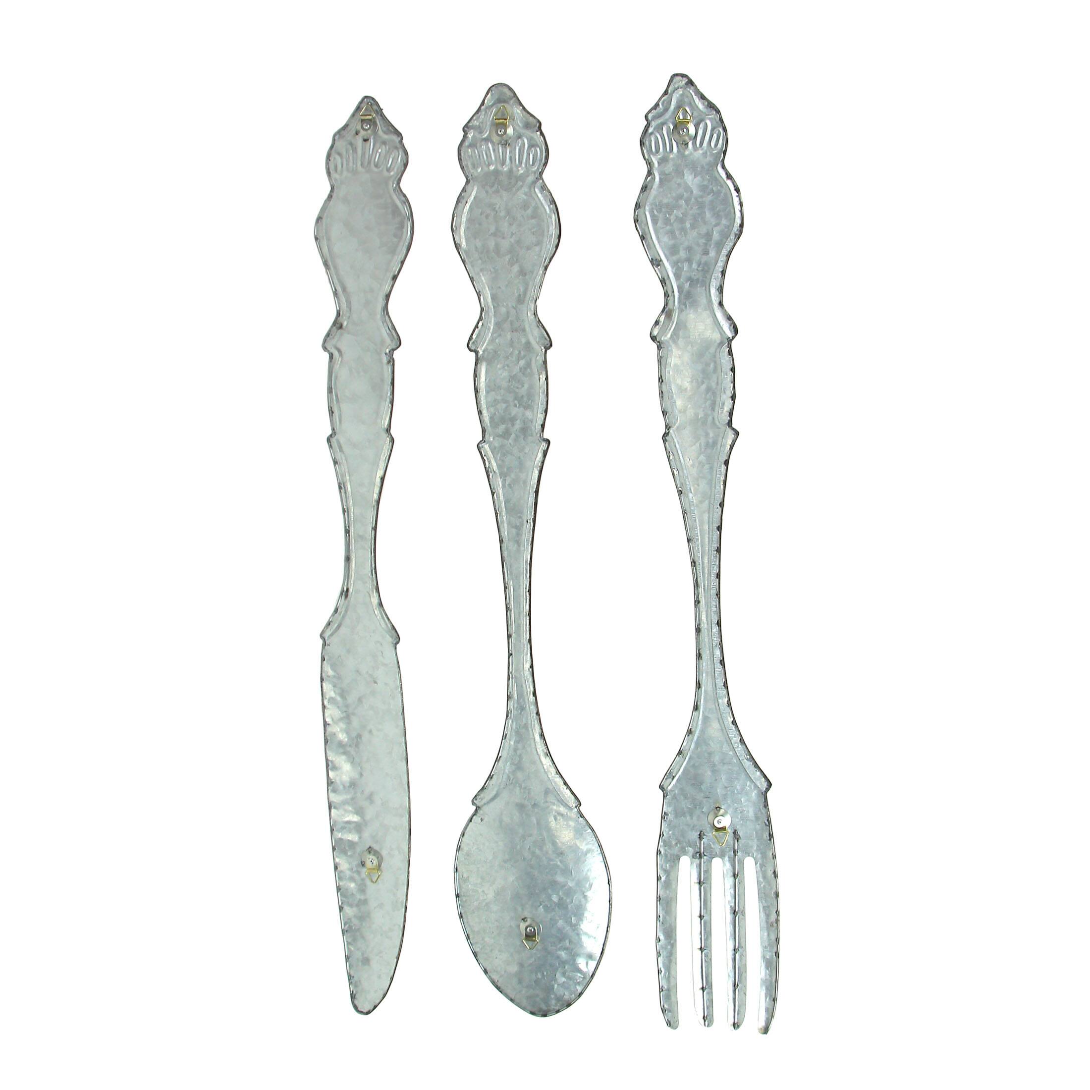 Alt View 10. Zeckos - Giant Galvanized Metal Fork Spoon Knife Farmhouse Kitchen Decor Wall Hanging Set - Gray.