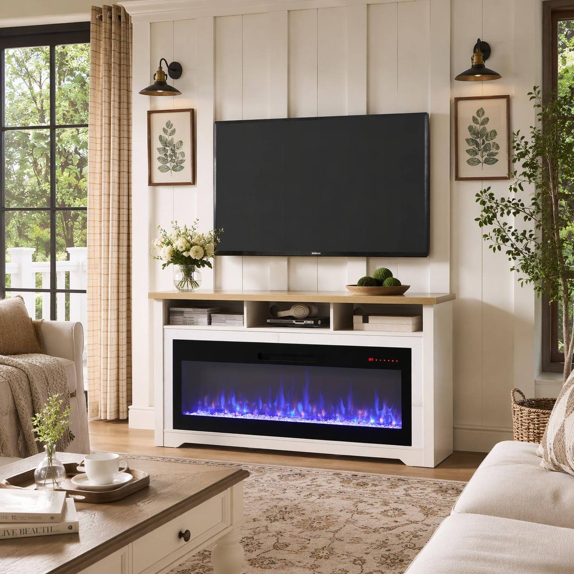 Angle. RYHNUYNE - 70 Inch Fireplace TV Stand for TVs up to 80 Inch with 60 Inch Electric Fireplace for Living Room Home Theater - Cream White.