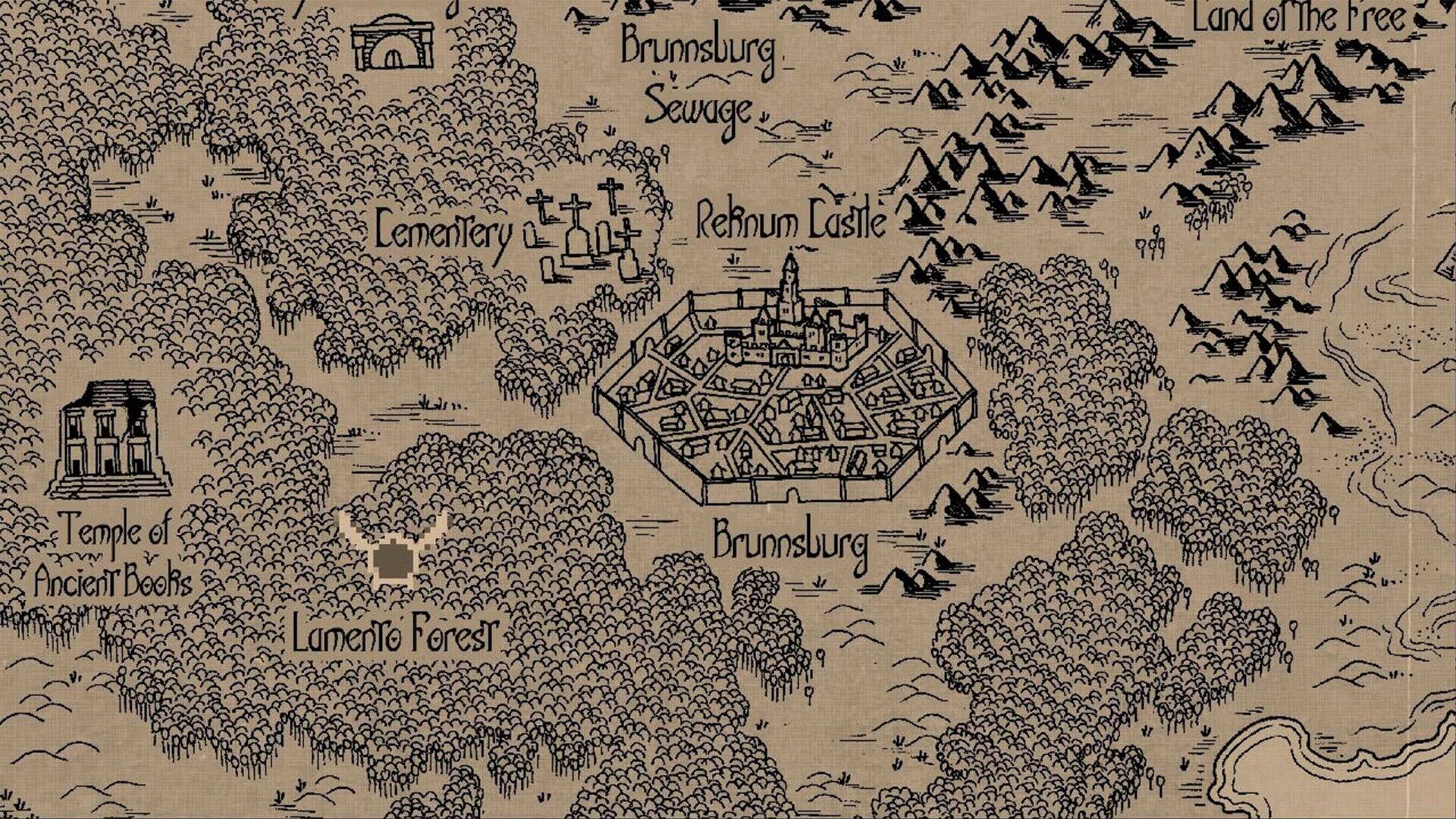 Lementry Brunnsburg Sewage Reknum Castle Land of the Free Temple of Ancient Books Lamento Forest Brunnsburg