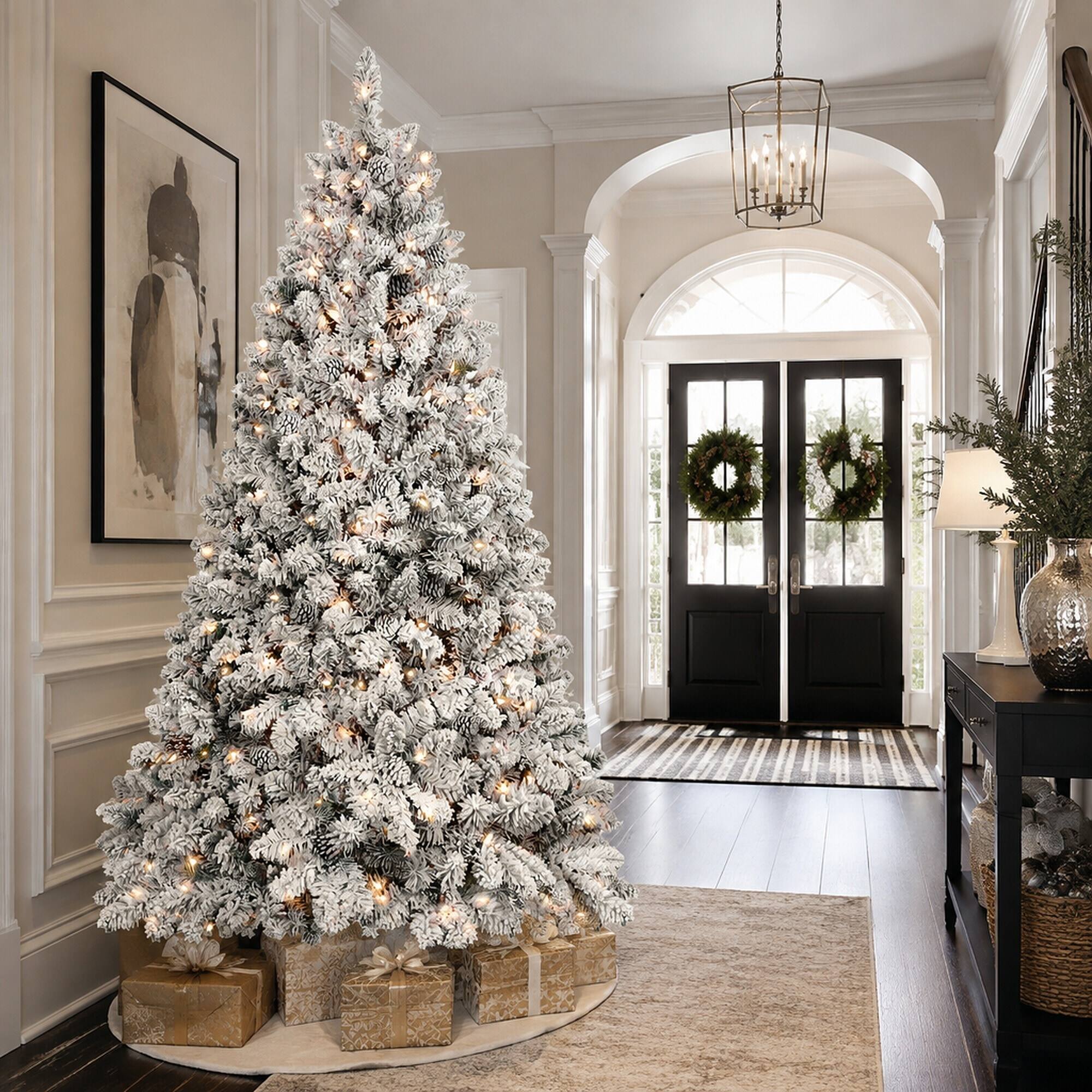 Alt View 2. RYHNUYNE - 8FT Flocked Pre-Lit Christmas Tree, 700 Lights 54 Natural Pine Cones 1754 Snowy PVC Tips Hinged Structure Easy Setup - Green,White.