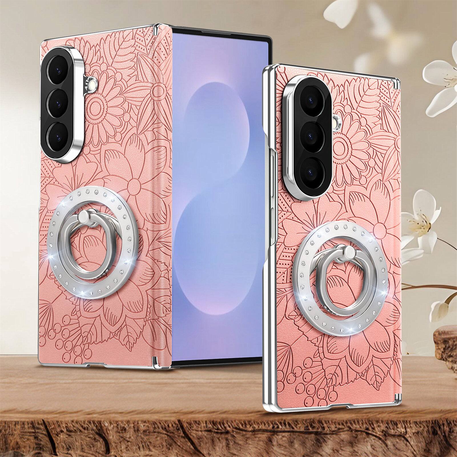 Alt View 4. Dteck - Shockproof Leather Texture Case for Samsung Galaxy Z Fold8 Ultra with Ring Stand, Magnetic Rigid Plastic Hinge Cover - Pink.