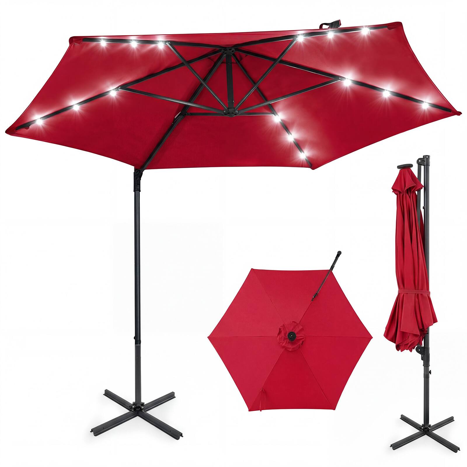 Costway - 10 FT Patio Cantilever Umbrella Large Offset Hanging Umbrella with Solar LED Lights - Red