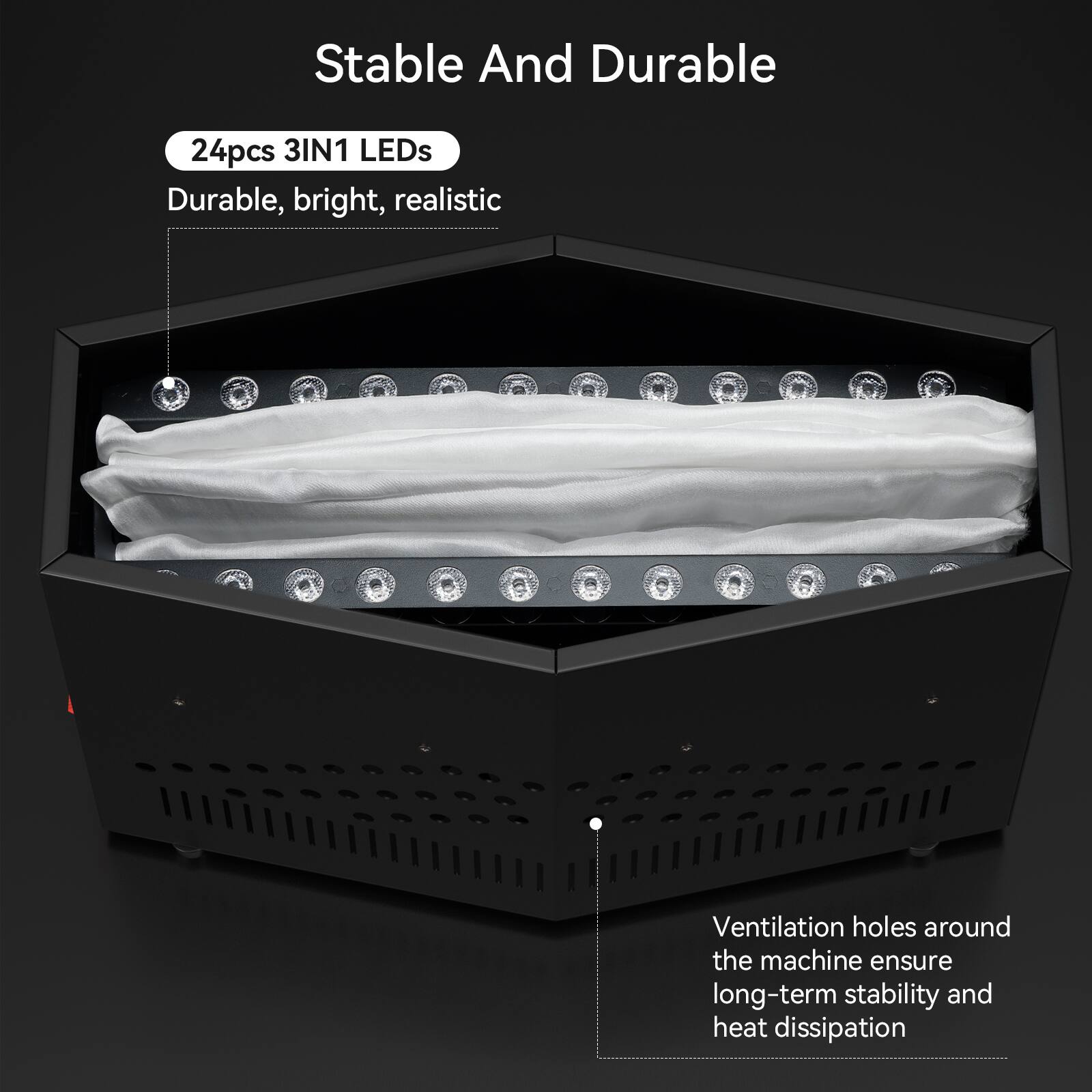 Stable And Durable

24pcs 3IN1 LEDs  
Durable, bright, realistic

Ventilation holes around the machine ensure long-term stability and heat dissipation