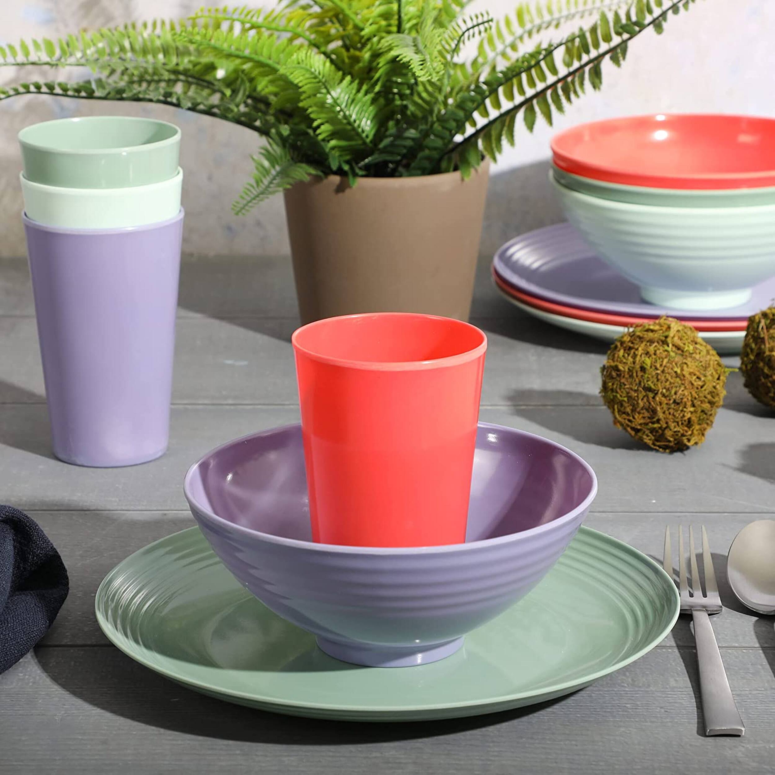 Alt View 4. Gibson - Gibson Home Zelly 12 Piece Round Melamine Dinnerware Set in Assorted Colors - Assorted- Sage Green, Mint Green, Pink, and Purple.