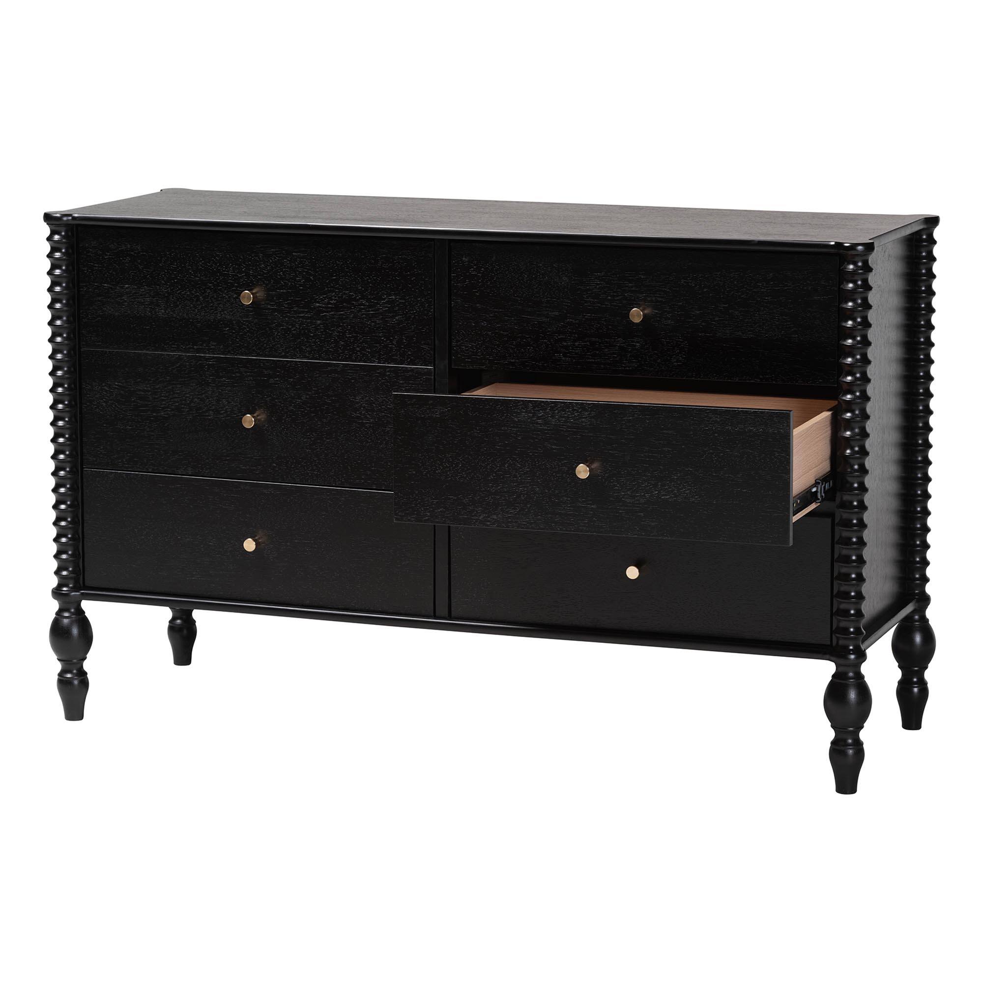 Left. Baxton Studio - Callison Spindle Dresser - 6-Drawer Farmhouse Horizontal Cabinet with Turned Accents for Bedroom, - Black.