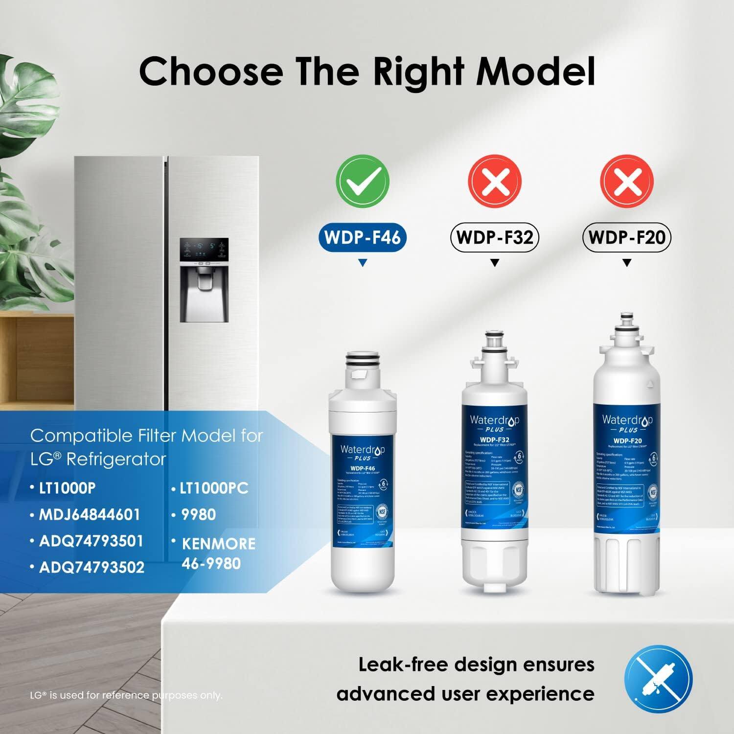 Choose the right model:

- Compatible filter model for LG Refrigerator:
  - LT1000P
  - LT1000PC
  - MDJ64844601
  - ADQ74793501
  - ADQ74793502
  - 9980
  - KENMORE
  - 46-9980

- WDP-F46 (Correct)
- WDP-F32 (Incorrect)
- WDP-F20 (Incorrect)

LG is used for reference purposes only. Leak-free design ensures advanced user experience.