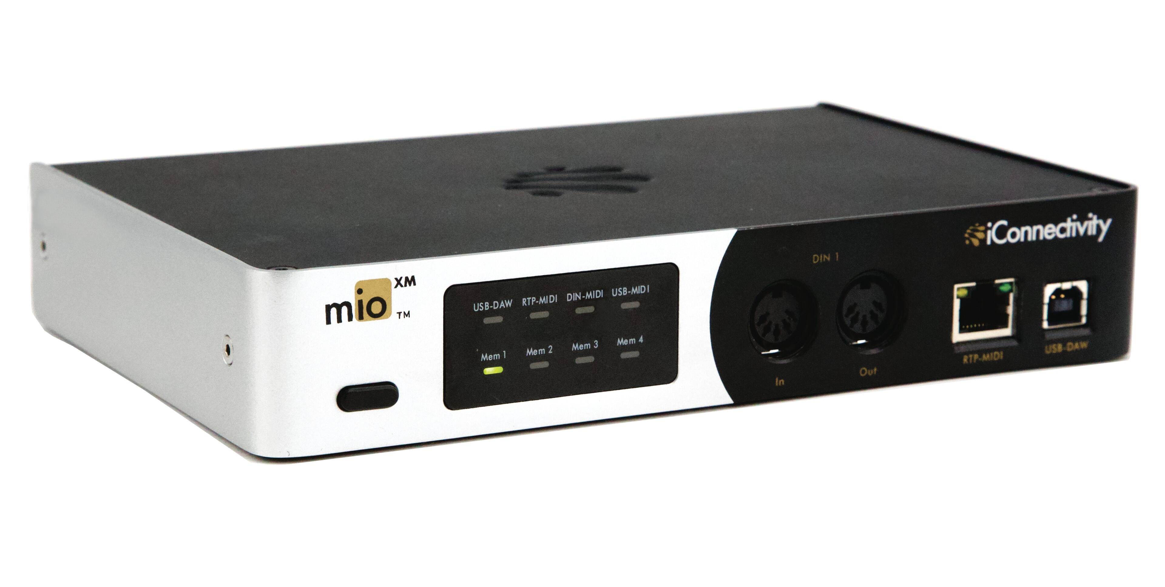 XM mio™  
iConnectivity

USB-DAW  
RTP-MIDI  
DIN-MIDI  
USB-MIDI

Mem 1  
Mem 2  
Mem 3  
Mem 4

DIN 1  
Out

RTP-MIDI  
USB-DAW