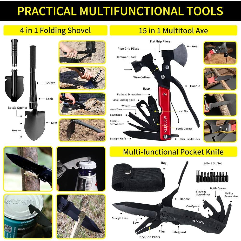 PRACTICAL MULTIFUNCTIONAL TOOLS

4 in 1 Folding Shovel
- Pickaxe
- Lock
- Bottle Opener
- Axe
- Saw

15 in 1 Multitool Axe
- Flat Grip Pliers
- Hammer Head
- Wire Cutters
- Rasp
- Flathead Screwdriver
- Small Cutting Knife
- Wood Saw
- Saw Blade
- Phillips Screwdriver
- Straight Knife
- Wrench
- Nail File
- Bottle Opener
- Plier Handle Lock

Multi-functional Pocket Knife
- Bag
- Handle
- Can Opener
- Straight Knife
- Saw
- Plier
- Pipe Grip Pliers
- Safeguard

9-IN-1 Bit Set
- Flathead Screwdriver
- Phillips Screwdriver
- Bottle Opener