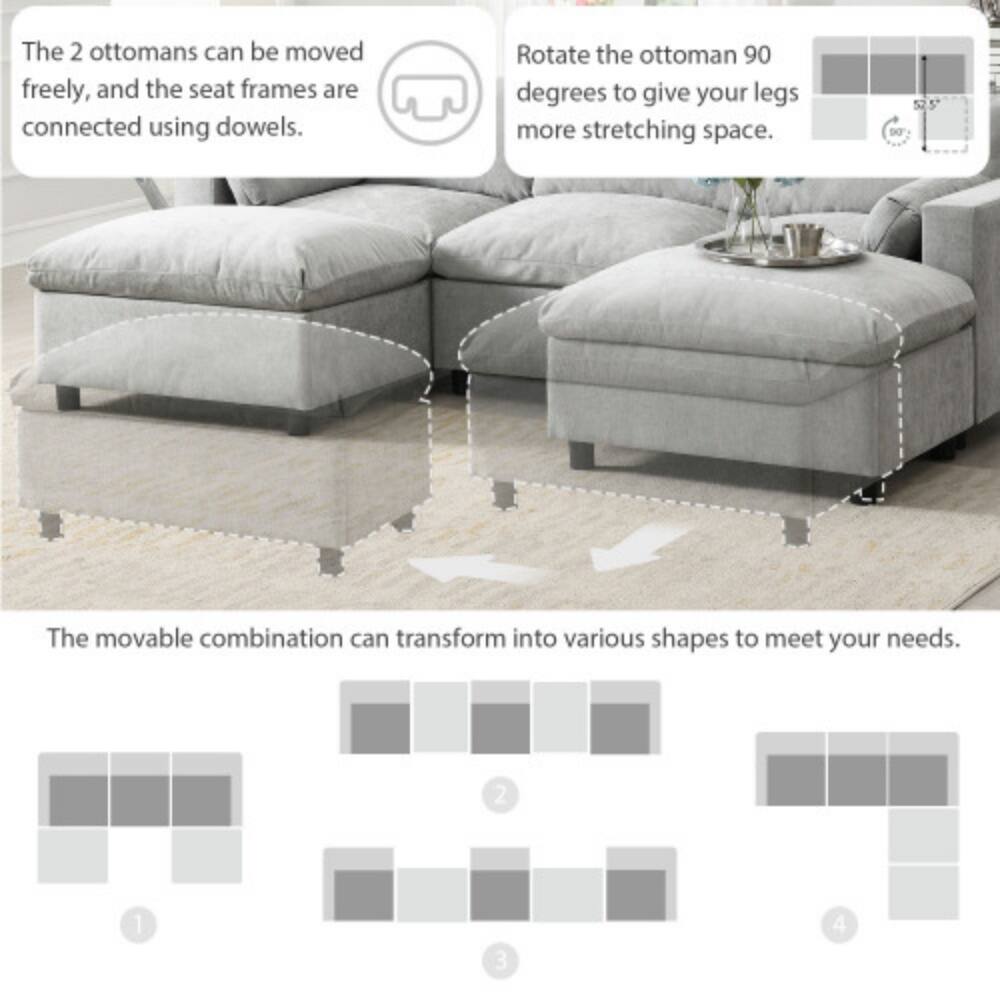 The 2 ottomans can be moved freely, and the seat frames are connected using dowels. Rotate the ottoman 90 degrees to give your legs more stretching space. The movable combination can transform into various shapes to meet your needs.