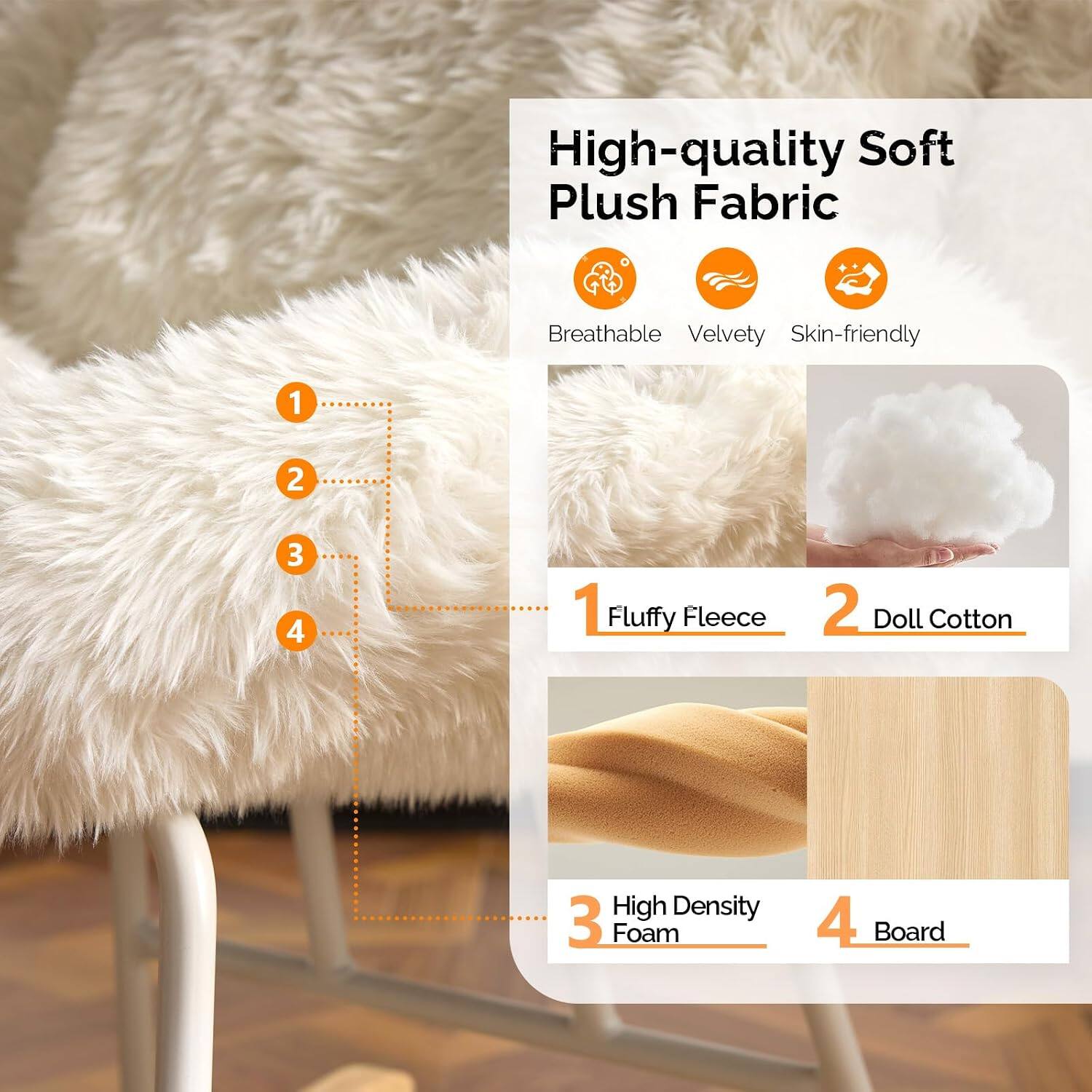 High-quality Soft Plush Fabric

Breathable Velvety Skin-friendly

1 Fluffy Fleece
2 Doll Cotton
3 High Density Foam
4 Board