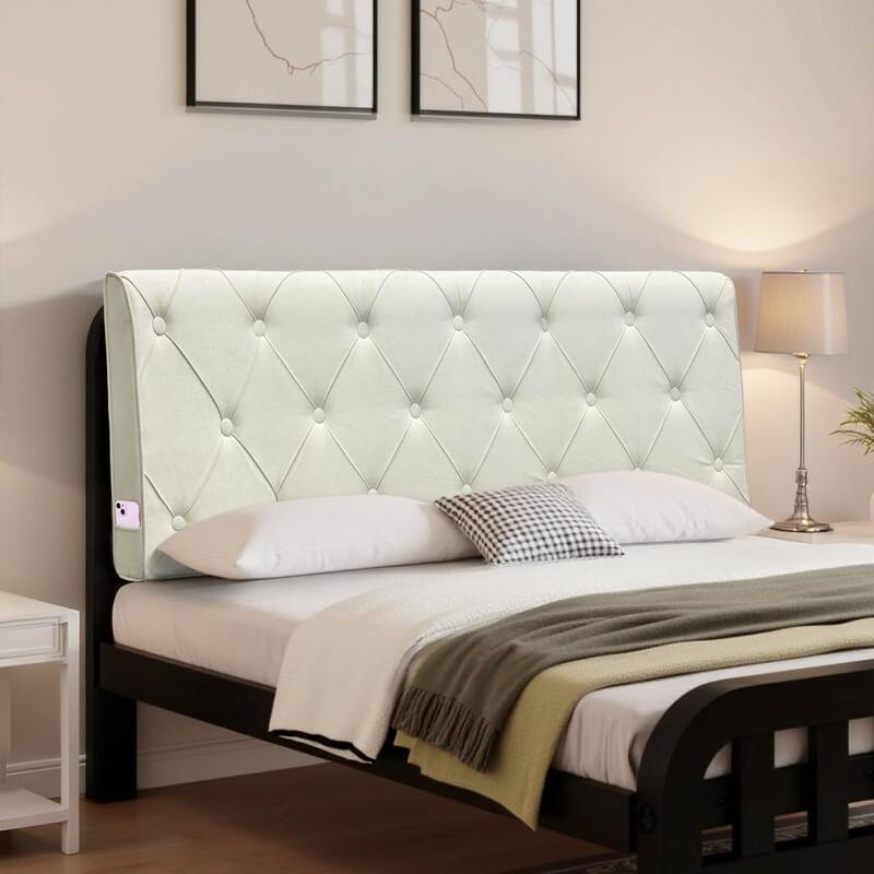 Front. wowmax - Full Size Fabric Headboard, Button Tufted Upholstered Bed Frame w/ Easy Setup, Beige - Beige.