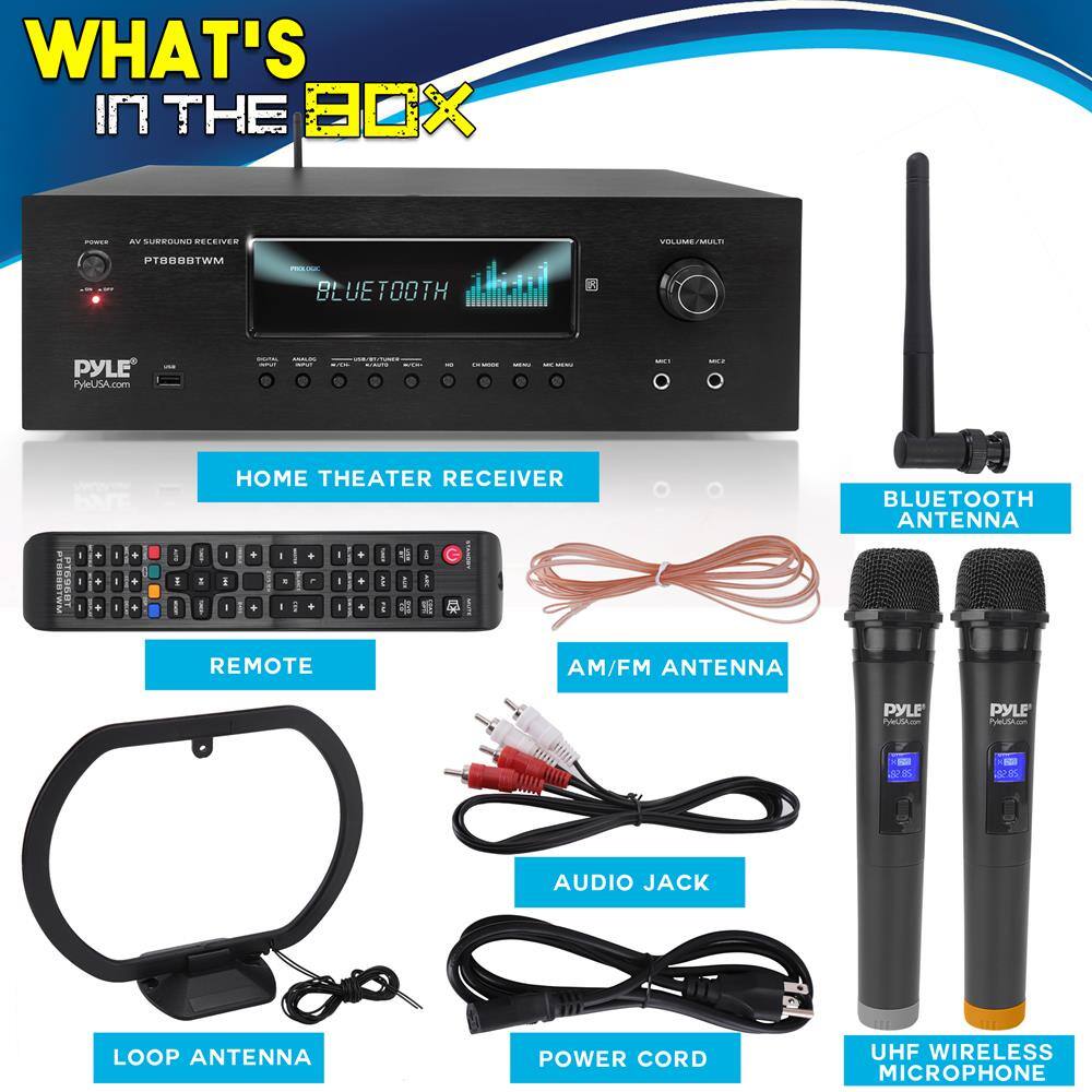 WHAT'S IN THE BOX

- AV SURROUND RECEIVER PT888BTWM
- BLUETOOTH ANTENNA
- REMOTE
- AM/FM ANTENNA
- AUDIO JACK
- LOOP ANTENNA
- POWER CORD
- UHF WIRELESS MICROPHONE