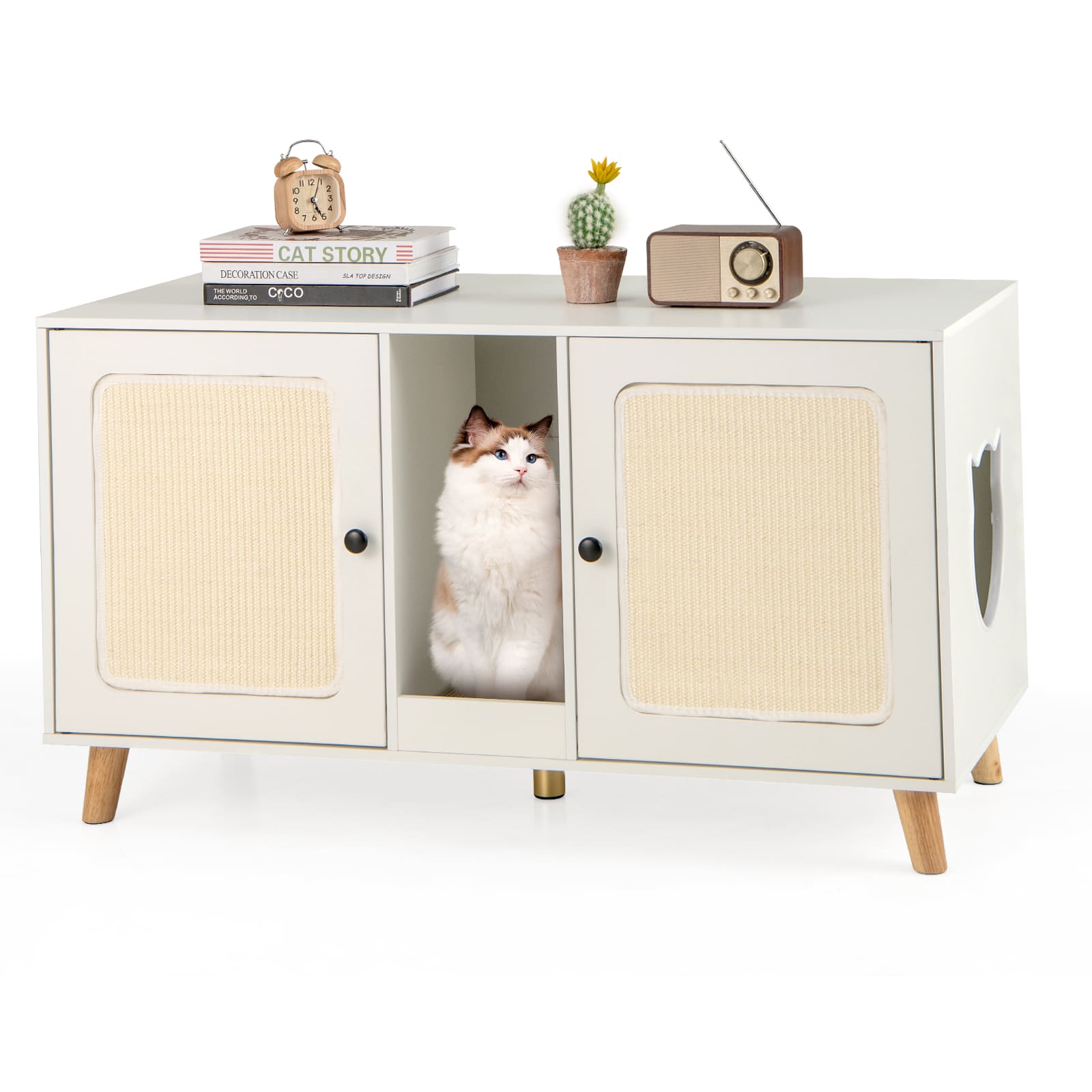 Gymax - 43'' Cat Litter Box Enclosure for 2 Cats w/ Double Rooms 2 Sisal Scratching Mats - White price history on PriceWatchPro