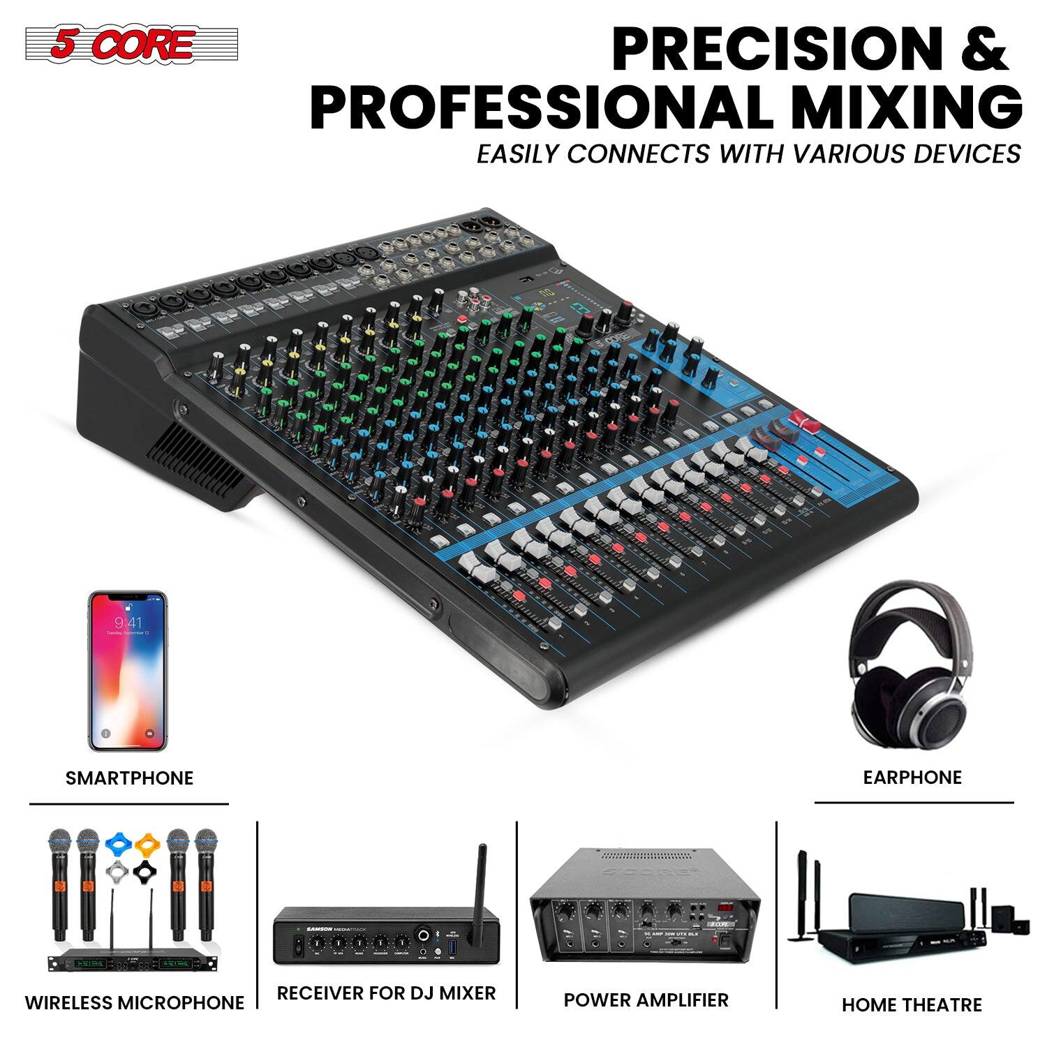 5 CORE

PRECISION & PROFESSIONAL MIXING

EASILY CONNECTS WITH VARIOUS DEVICES

- SMARTPHONE
- WIRELESS MICROPHONE
- RECEIVER FOR DJ MIXER
- POWER AMPLIFIER
- HOME THEATRE
- EARPHONE