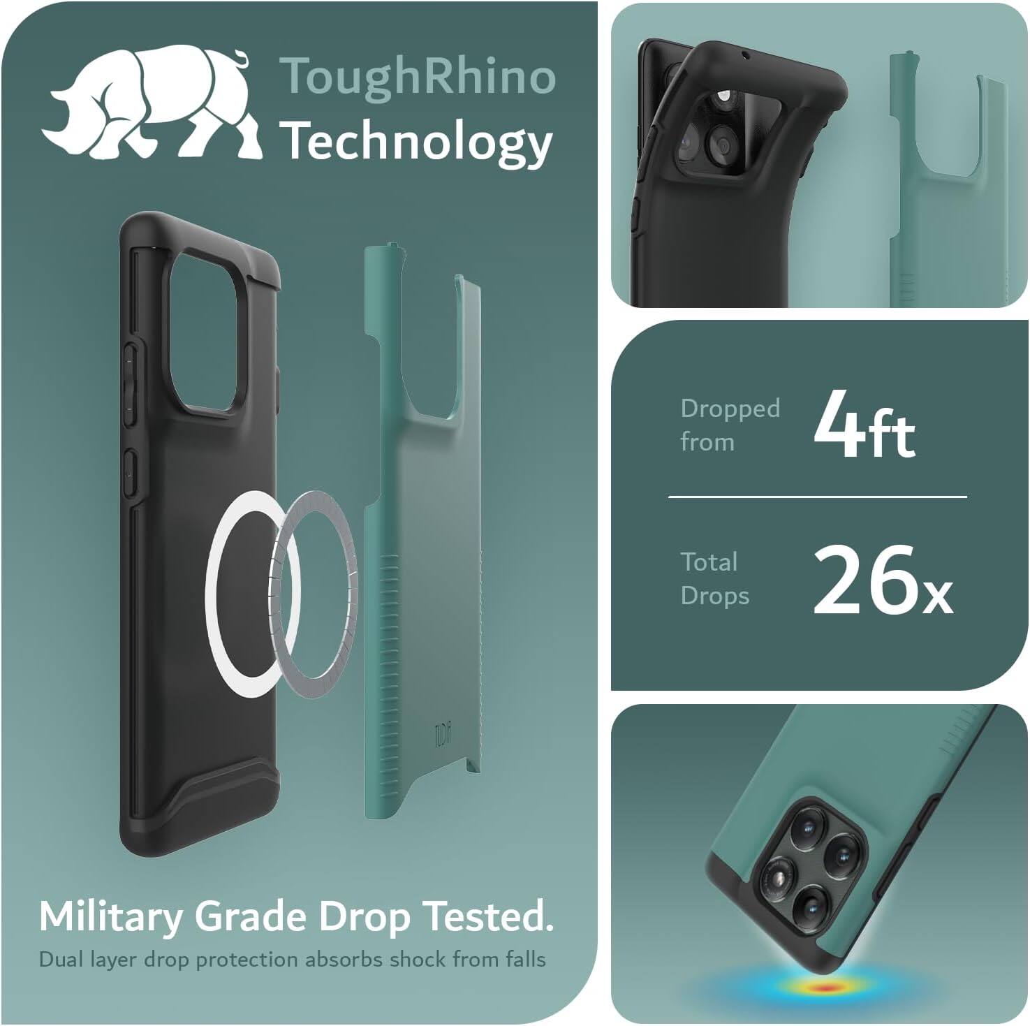 ToughRhino Technology

Dropped from 4ft  
Total Drops 26x

Military Grade Drop Tested.  
Dual layer drop protection absorbs shock from falls