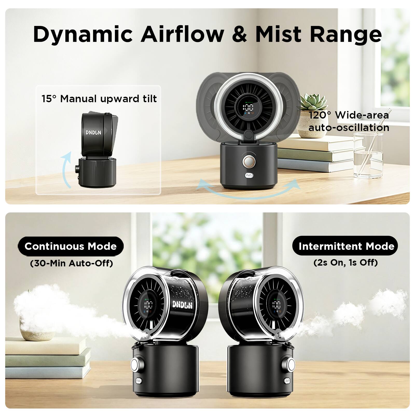 Dynamic Airflow & Mist Range

- 15° Manual upward tilt
- 120° Wide-area auto-oscillation

Continuous Mode
- (30-Min Auto-Off)

Intermittent Mode
- (2s On, 1s Off)