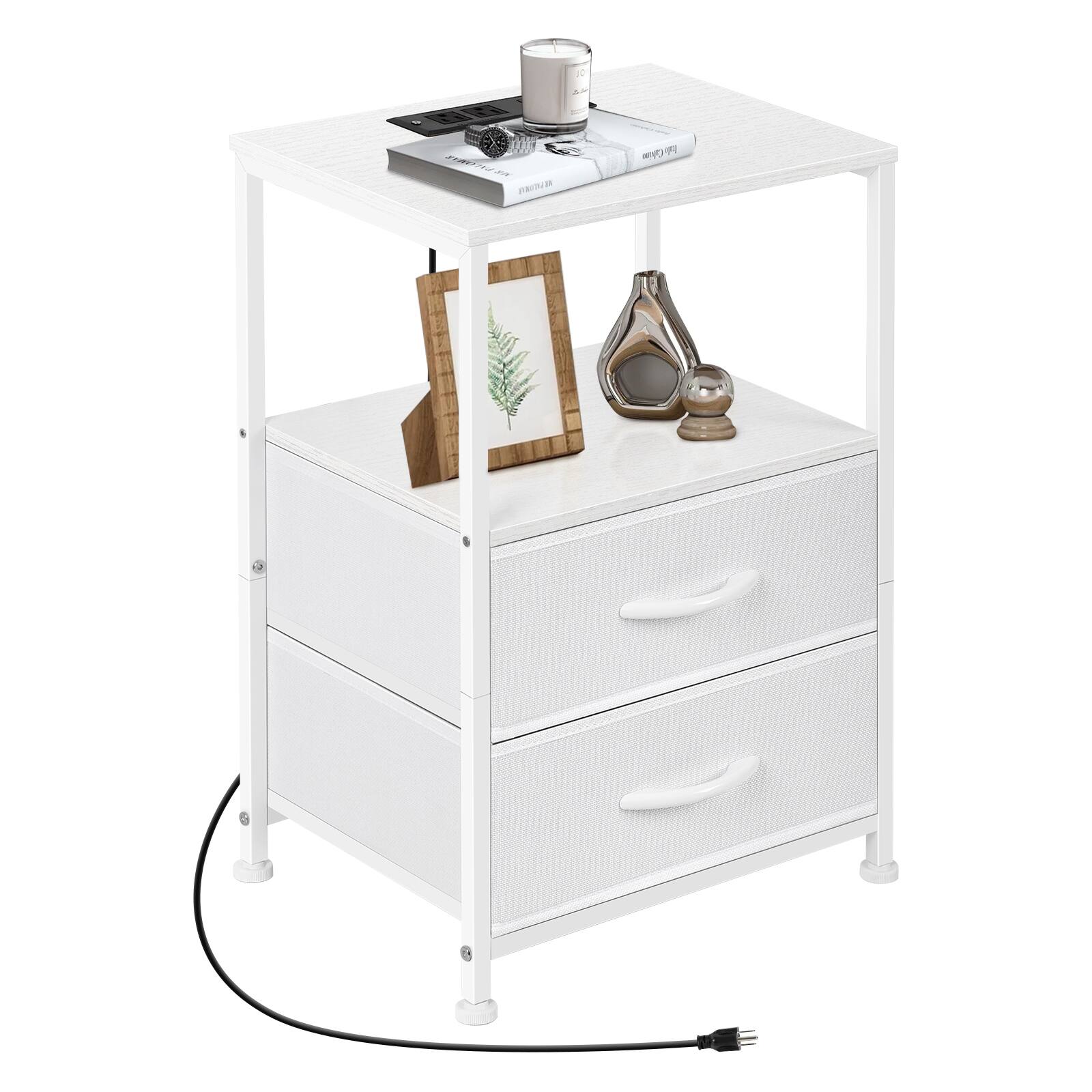 Alt View 2. Oumilen - Nightstand with 2 Fabric Drawers & Charging Station, White - White.