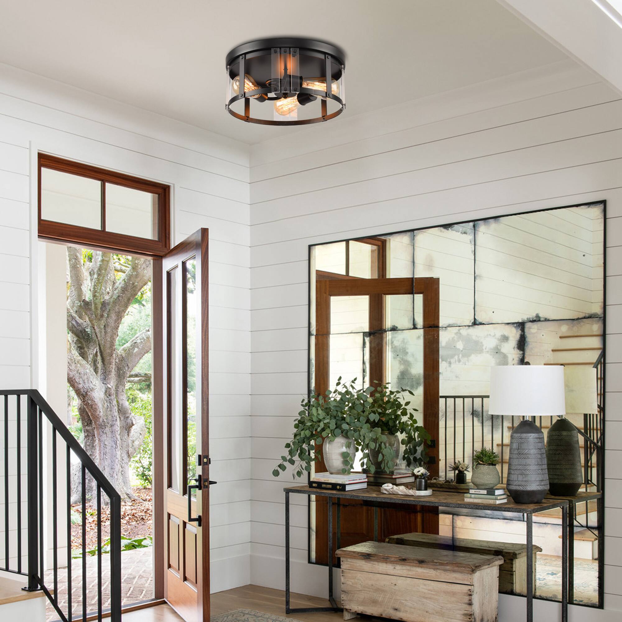 Alt View 2. Parrot Uncle - 13.3" Industrial Matte Black 3-Light Flush Mount Ceiling Light - Matte Black.