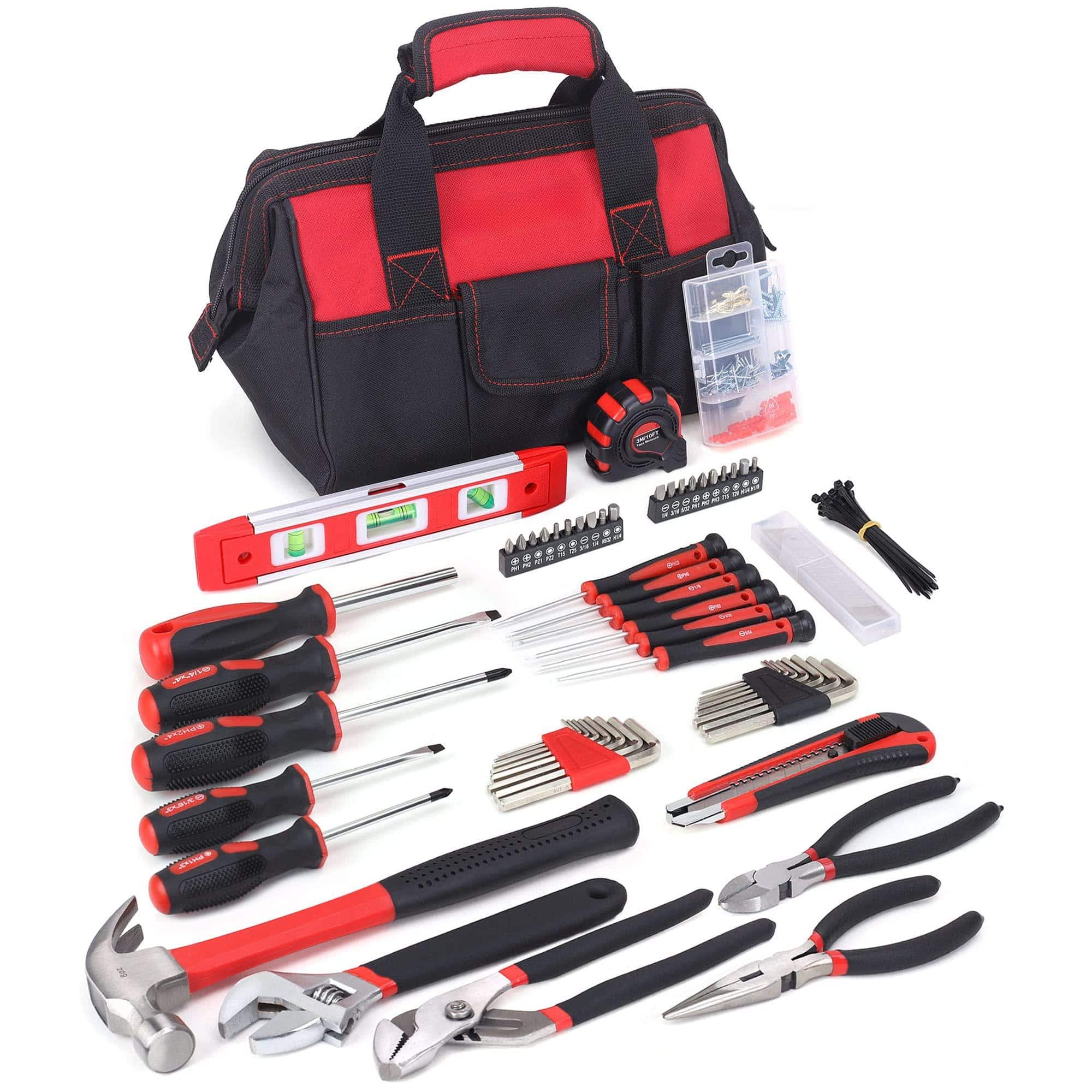Skar Audio - Home Repairing Tool Set With 12-inch Wide Mouth Open Storage Bag Household Hand Kit - Red