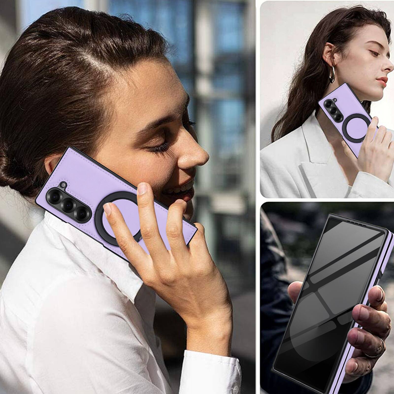 Alt View 4. Dteck - Magnetic Case for Samsung Galaxy Z Fold6 with Ring Kickstand,Built-in Screen Protector,Faux Leather Shockproof Cover - Lightpurple.