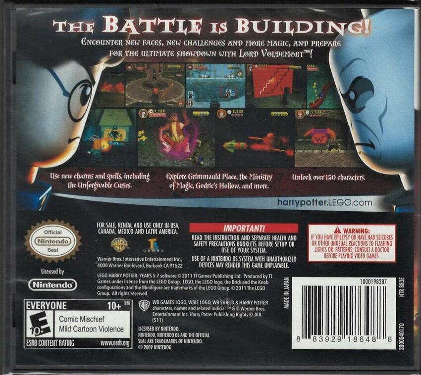 **The Battle is Building!**  
Encounter new faces, new challenges and more magic, and prepare for the ultimate showdown with Lord Voldemort!  

- Use new charms and spells, including the Unforgivable Curses.  
- Explore Grimmauld Place, the Ministry of Magic, Godric's Hollow, and more.  
- Unlock over 150 characters.  

harrypotter.LEGO.com  

**FOR SALE, RENTAL AND USE ONLY IN USA, CANADA, MEXICO AND LATIN AMERICA.**  

**IMPORTANT!**  
READ THE INSTRUCTION AND SEPARATE HEALTH AND SAFETY PRECAUTIONS BOOKLETS BEFORE SETUP OR USE OF YOUR SYSTEM.  

**WARNING:**  
IF YOU HAVE EPILEPSY OR HAVE HAD SEIZURES OR OTHER UNUSUAL REACTIONS TO FLASHING LIGHTS OR PATTERNS, CONSULT A DOCTOR BEFORE PLAYING VIDEO GAMES.  

**Official Nintendo Seal**  
Licensed by Nintendo  

**EVERYONE 10+**  
Comic Mischief  
Mild Cartoon Violence  

**Warner Bros. Interactive Entertainment**  
4000 Warner Boulevard, Burbank 91522  

**LEGO HARRY POTTER: