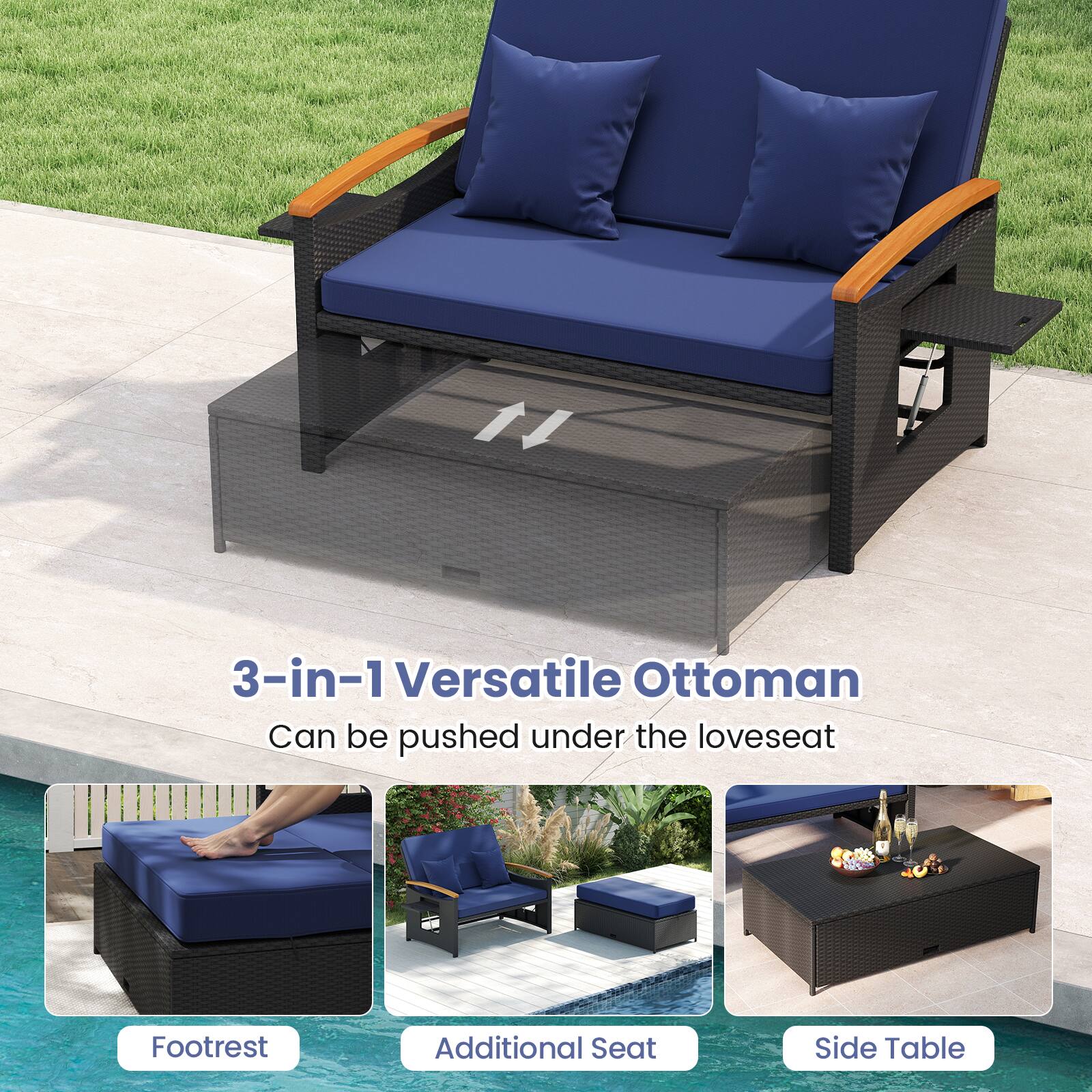 3-in-1 Versatile Ottoman  
Can be pushed under the loveseat  

Footrest  
Additional Seat  
Side Table