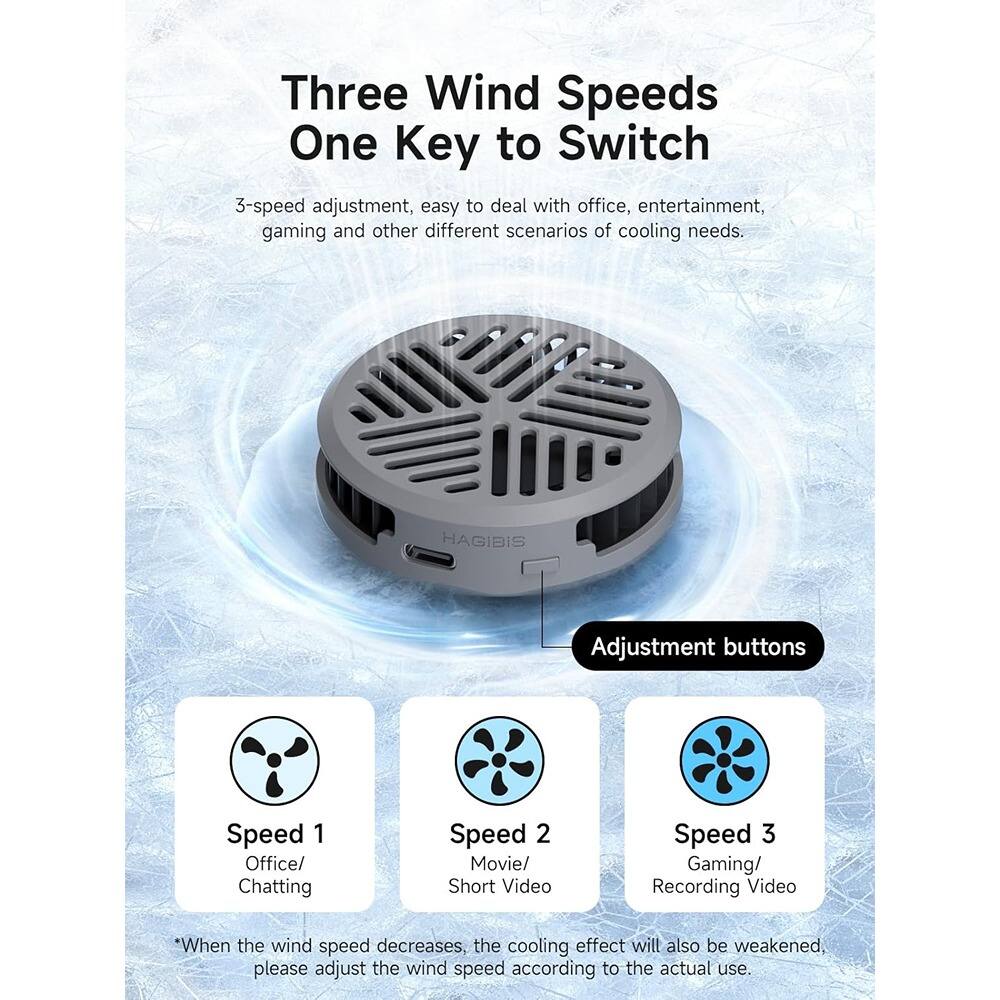 Three Wind Speeds One Key to Switch

3-speed adjustment, easy to deal with office, entertainment, gaming and other different scenarios of cooling needs.

Adjustment buttons

Speed 1  
Office/ Chatting

Speed 2  
Movie/ Short Video

Speed 3  
Gaming/ Recording Video

*When the wind speed decreases, the cooling effect will also be weakened. Please adjust the wind speed according to the actual use.