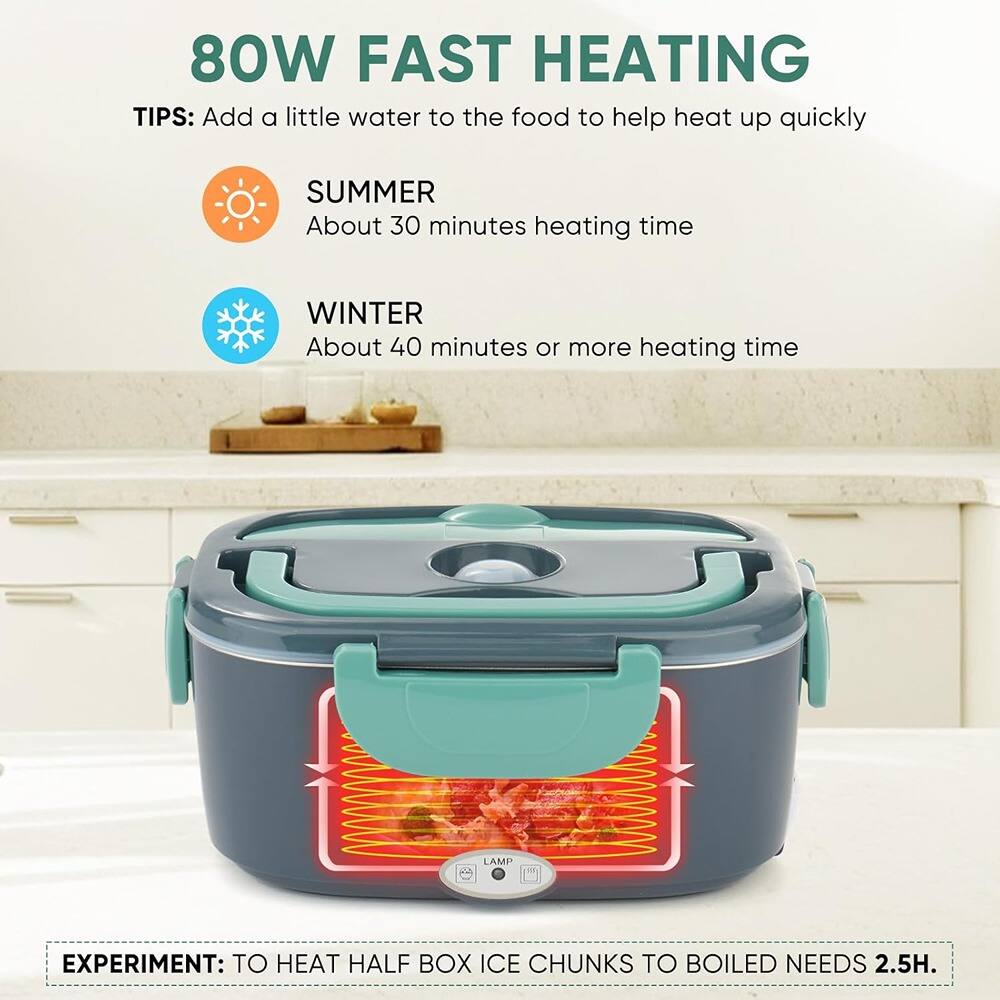 80W FAST HEATING

TIPS: Add a little water to the food to help heat up quickly

SUMMER
About 30 minutes heating time

WINTER
About 40 minutes or more heating time

EXPERIMENT: TO HEAT HALF BOX ICE CHUNKS TO BOILED NEEDS 2.5H.