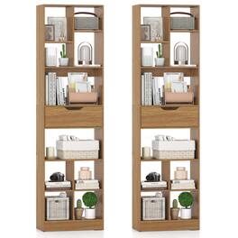 Costway - 2 PCS 71" Bookcase with Drawer 10 Open Cubes Anti-toppling Kits for Living Room - Natural