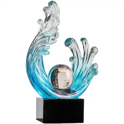 Front. Refined Abode Design - Modern Abstract Decorative Wave Statue Blue Art Home Decor Crystal Ball Sculpture Office Desk Stand Dining.