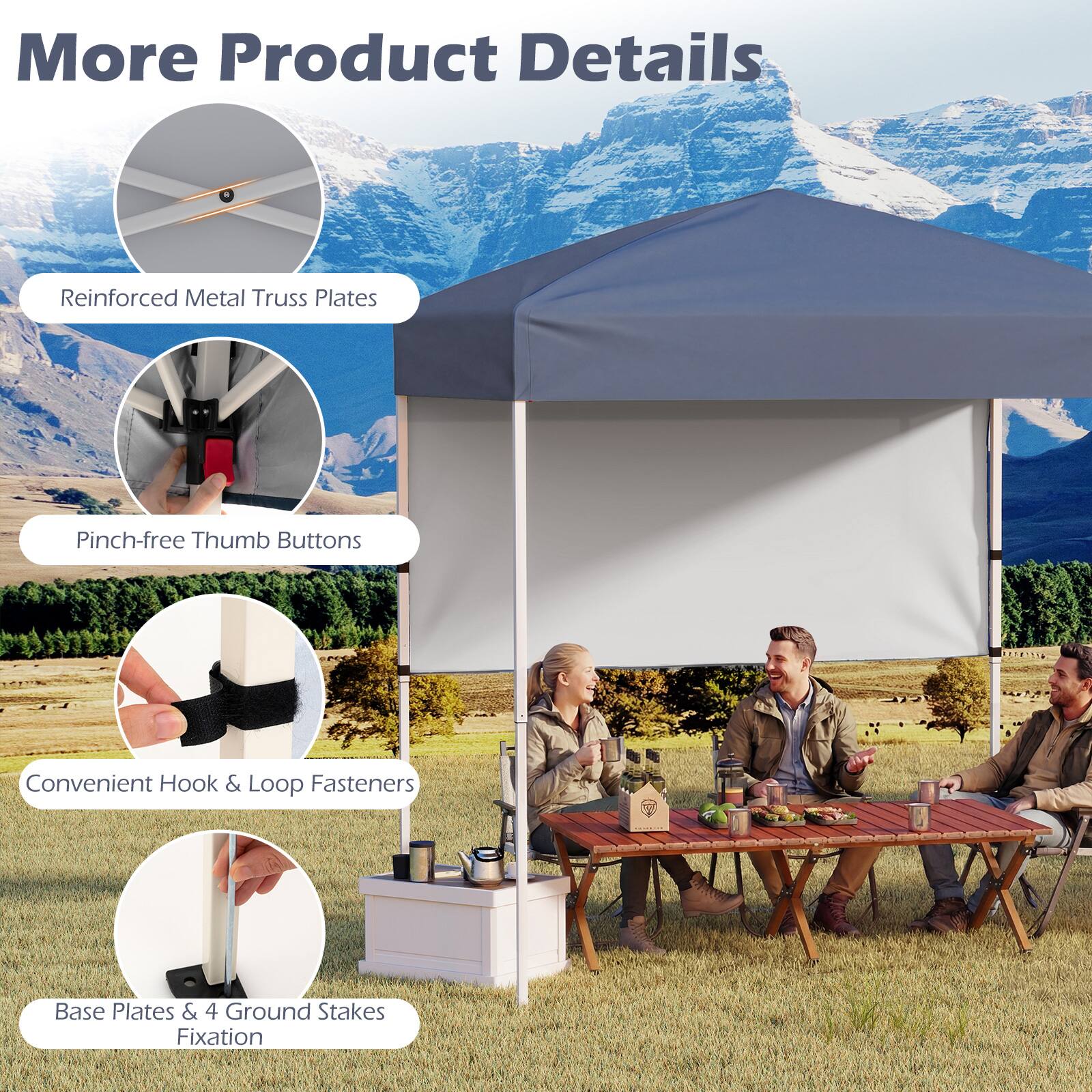 More Product Details

- Reinforced Metal Truss Plates
- Pinch-free Thumb Buttons
- Convenient Hook & Loop Fasteners
- Base Plates & 4 Ground Stakes Fixation