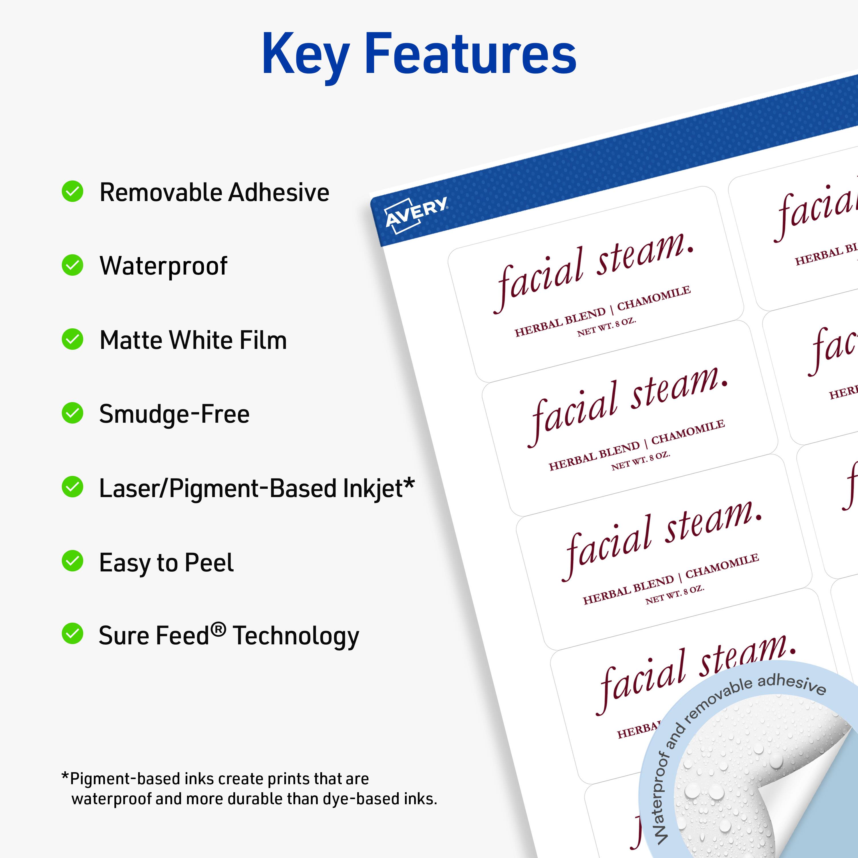 Key Features
- Removable Adhesive
- Waterproof
- Matte White Film
- Smudge-Free
- Laser/Pigment-Based Inkjet*
- Easy to Peel
- Sure Feed® Technology

*Pigment-based inks create prints that are waterproof and more durable than dye-based inks.