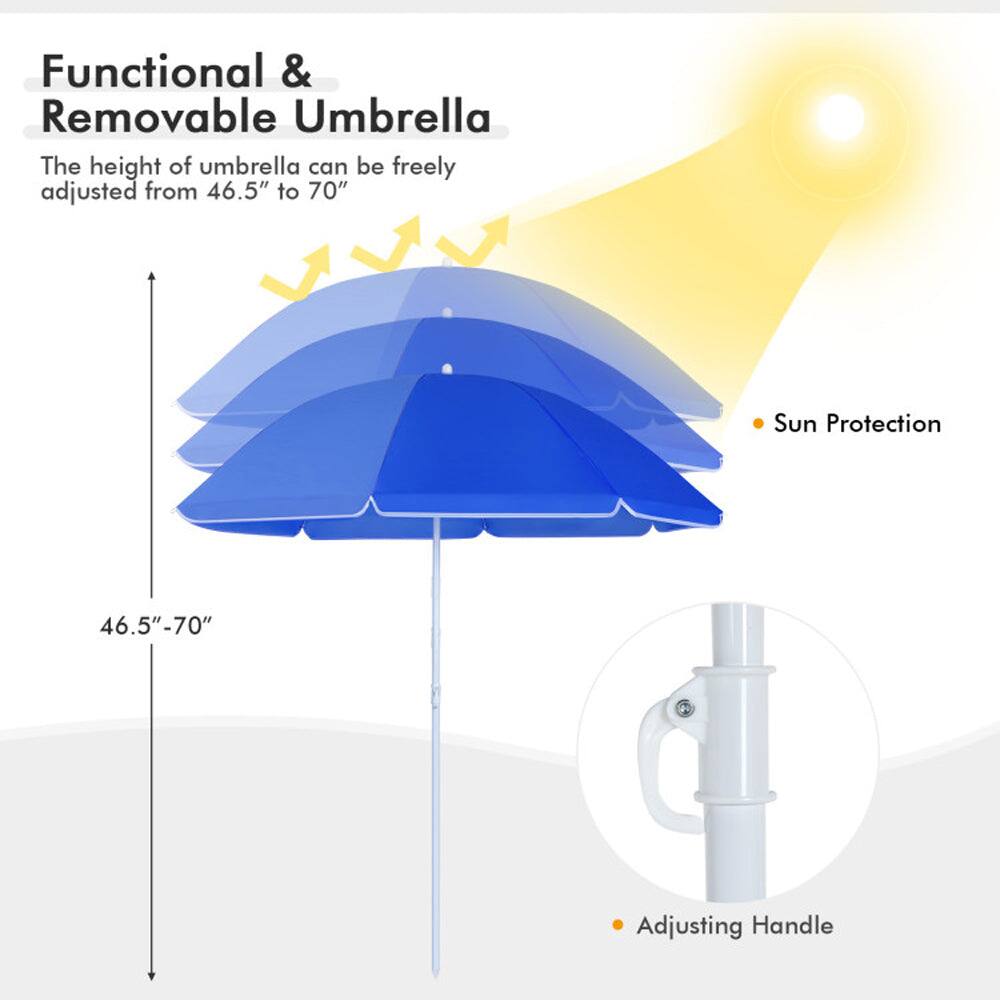 Functional & Removable Umbrella  
The height of umbrella can be freely adjusted from 46.5" to 70"  

Sun Protection  
Adjusting Handle