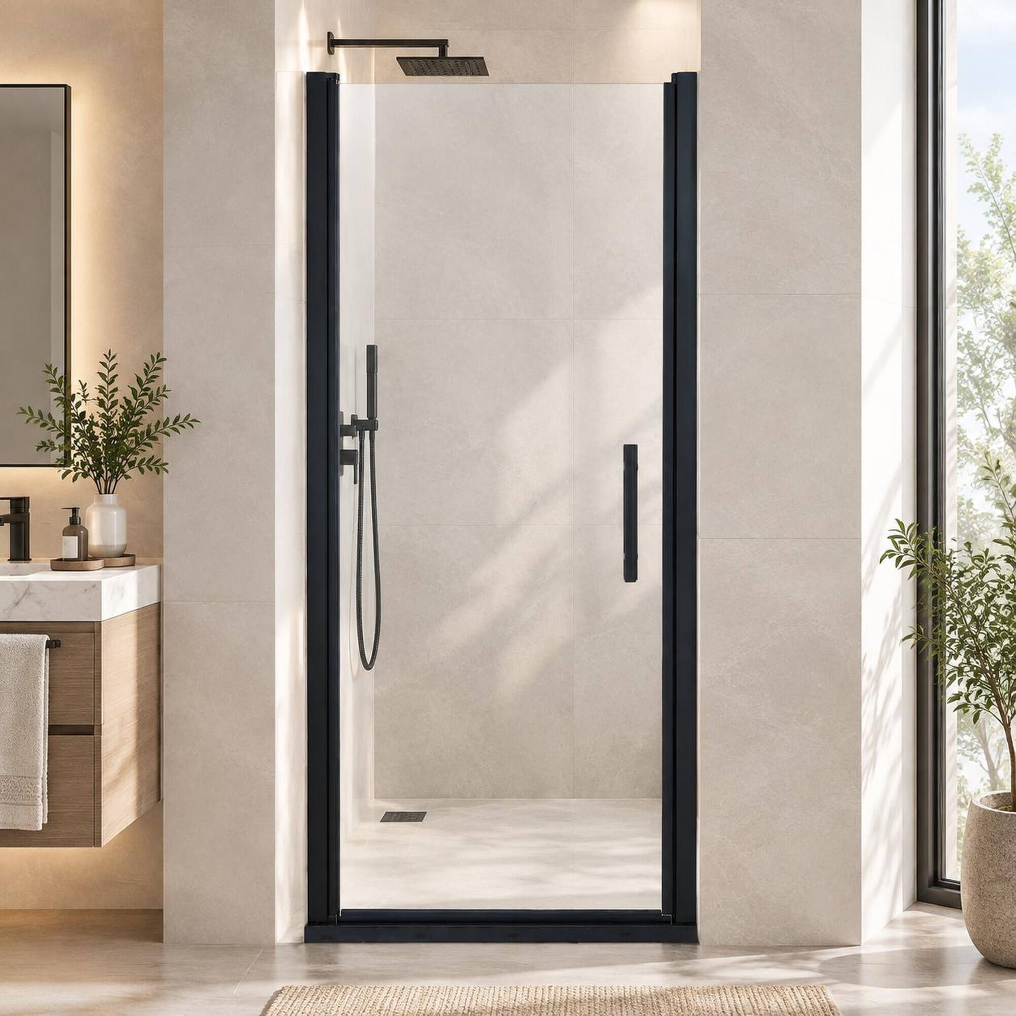 Front. RYHNUYNE - 32-33.5" W X 75" H Pivot Single Swing Shower Door With 1/4" Tempered Clear Glass, Matte Black Aluminum Finish - Matte Black.