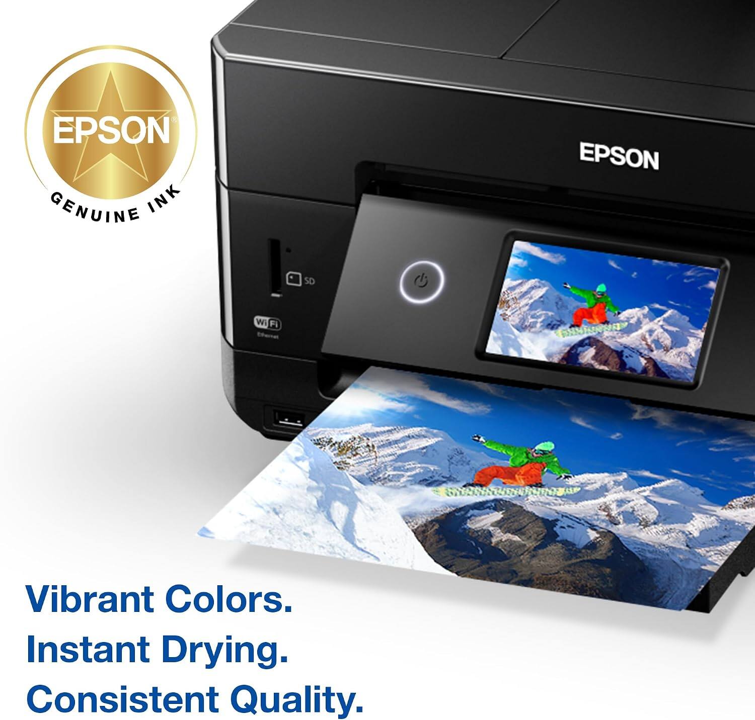 EPSON GENUINE INK  
EPSON SD  
Wi-Fi  
CHMIN  
Vibrant Colors.  
Instant Drying.  
Consistent Quality.