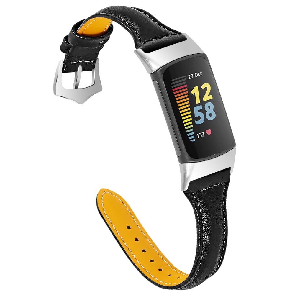 StrapsCo - Slim Everyday Genuine Leather Watch Band Strap For Fitbit Charge 6 - Black