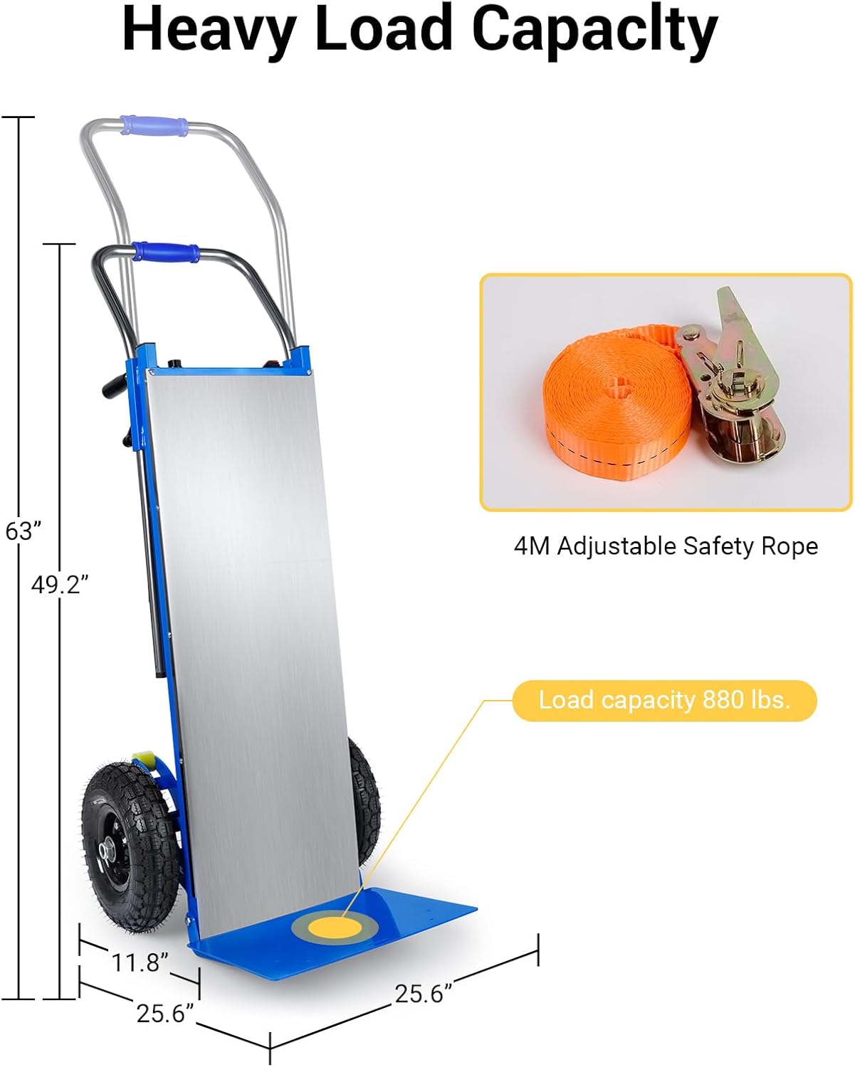 Heavy Load Capacity

- 63"
- 49.2"
- 11.8"
- 25.6"
- 25.6"

4M Adjustable Safety Rope

Load capacity 880 lbs.
