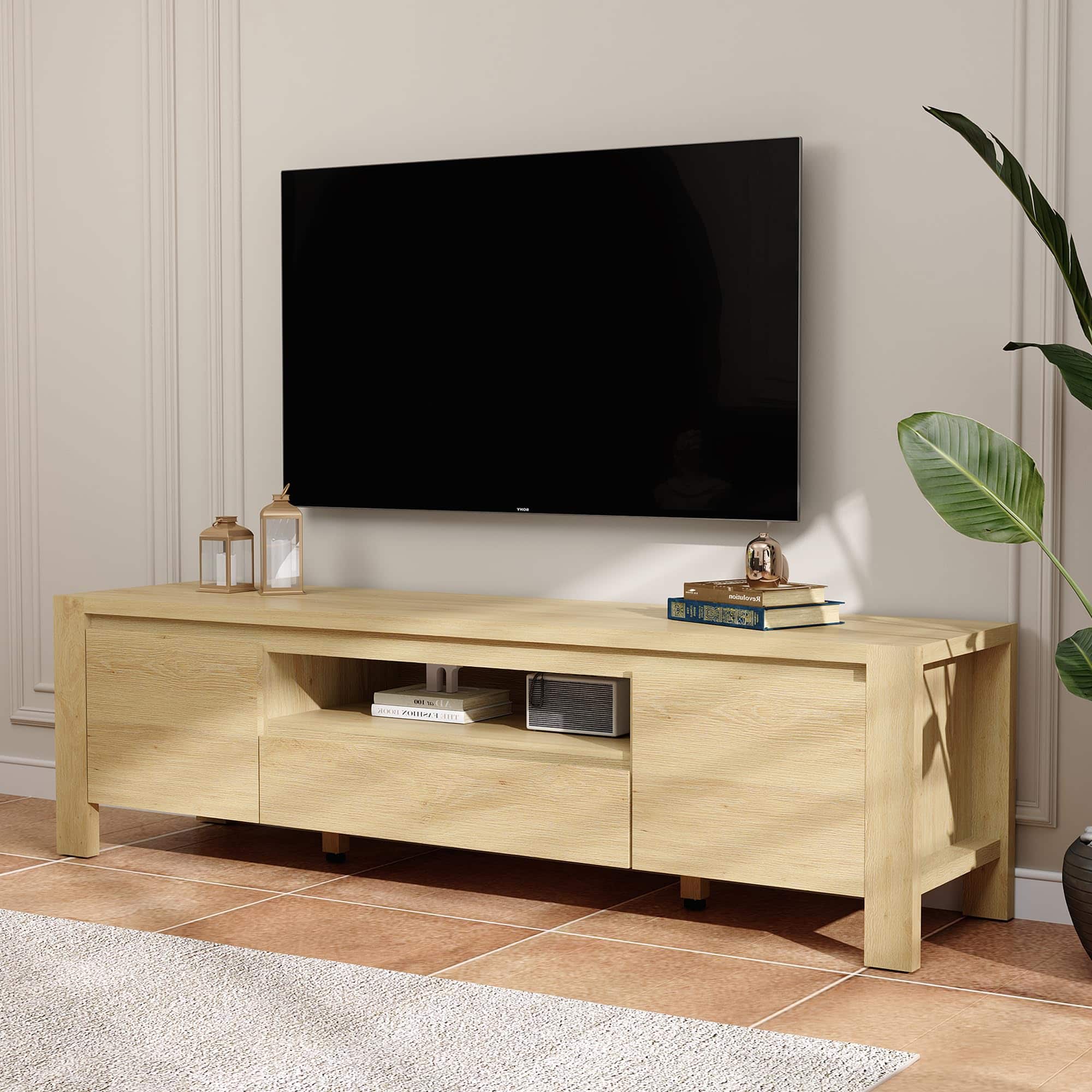 Qeetex - 63" Farmhouse TV Stand for 70" TVs, Entertainment Center with Doors, Adjustable Shelves & Storage Cabinet - Natural