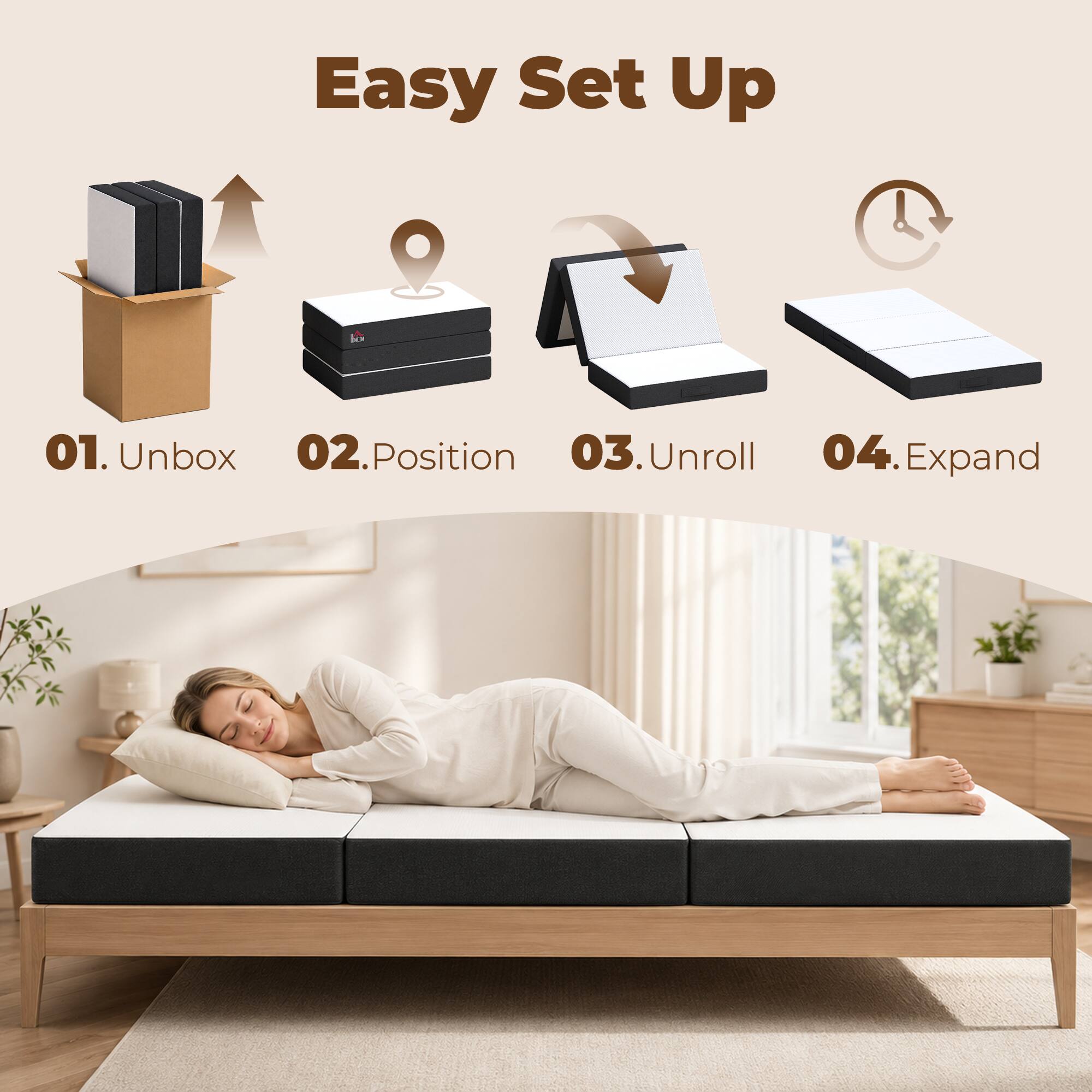 Easy Set Up

01. Unbox
02. Position
03. Unroll
04. Expand