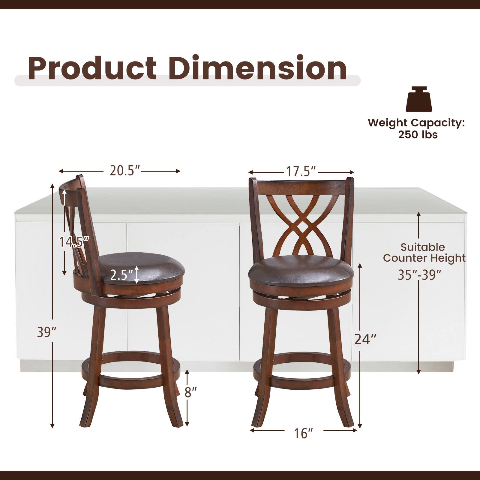 Product Dimension  
Weight Capacity: 250 lbs  
20.5" x 17.5" x 14.5" x 2.5"  
Suitable Counter Height: 35"-39"  
39" x 24" x 8" x 16"